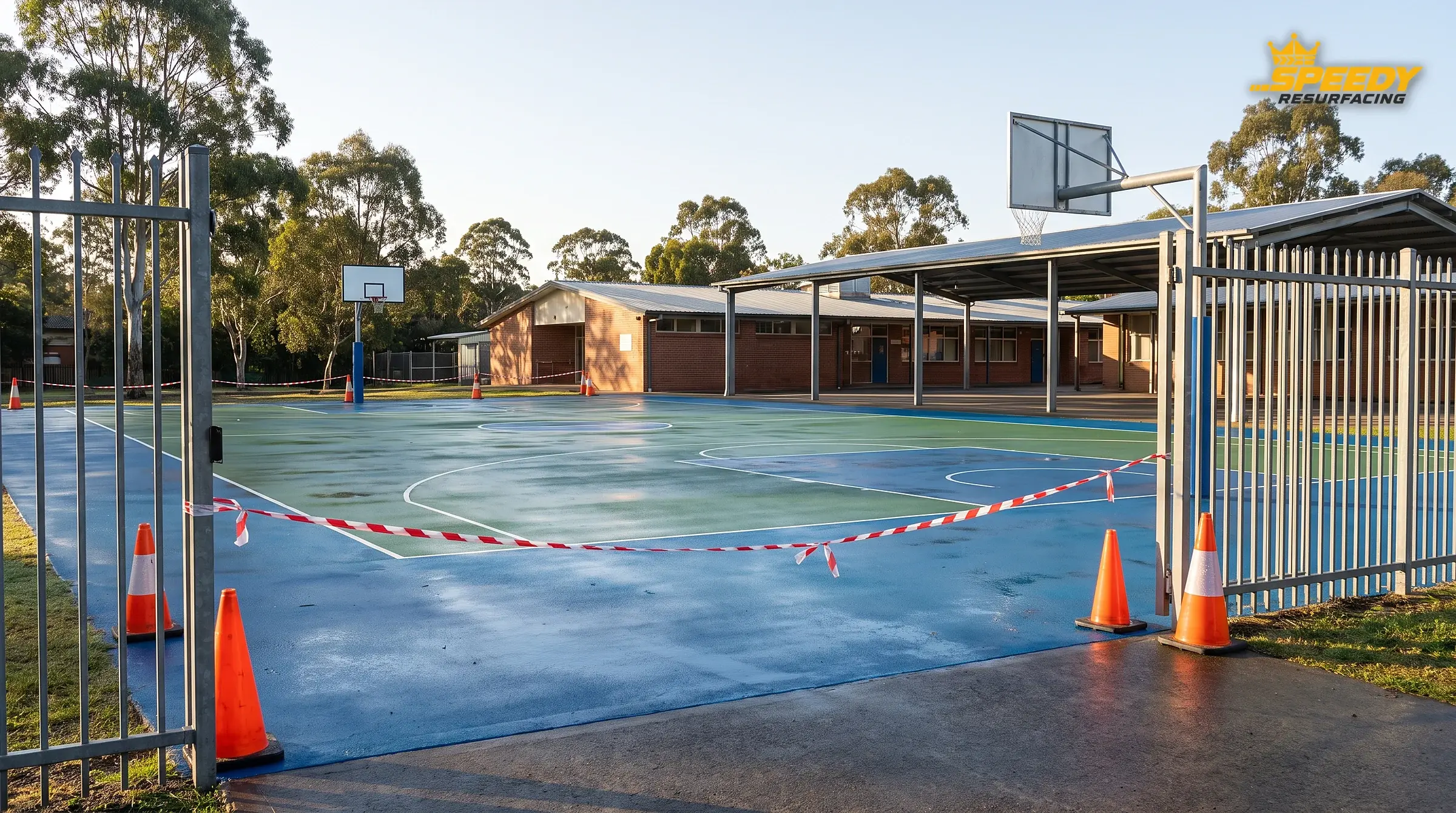 Holiday shutdown: the court is coated, taped off and curing while the campus is empty — back in play before the first bell of term.