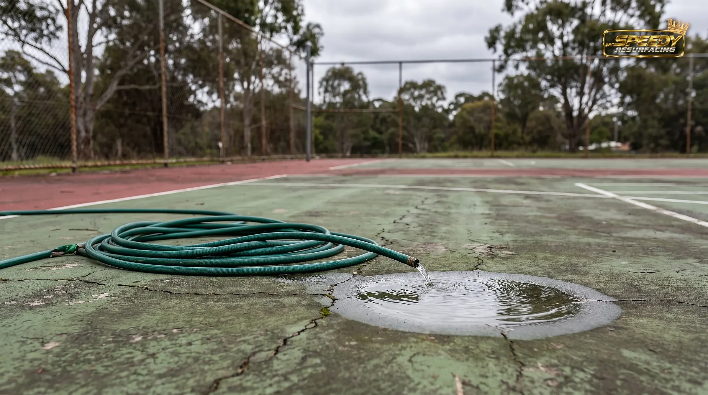 Flood testing finds the birdbath before the colour does — this depression is marked, filled with acrylic patch mix and re-tested before the system goes down.
