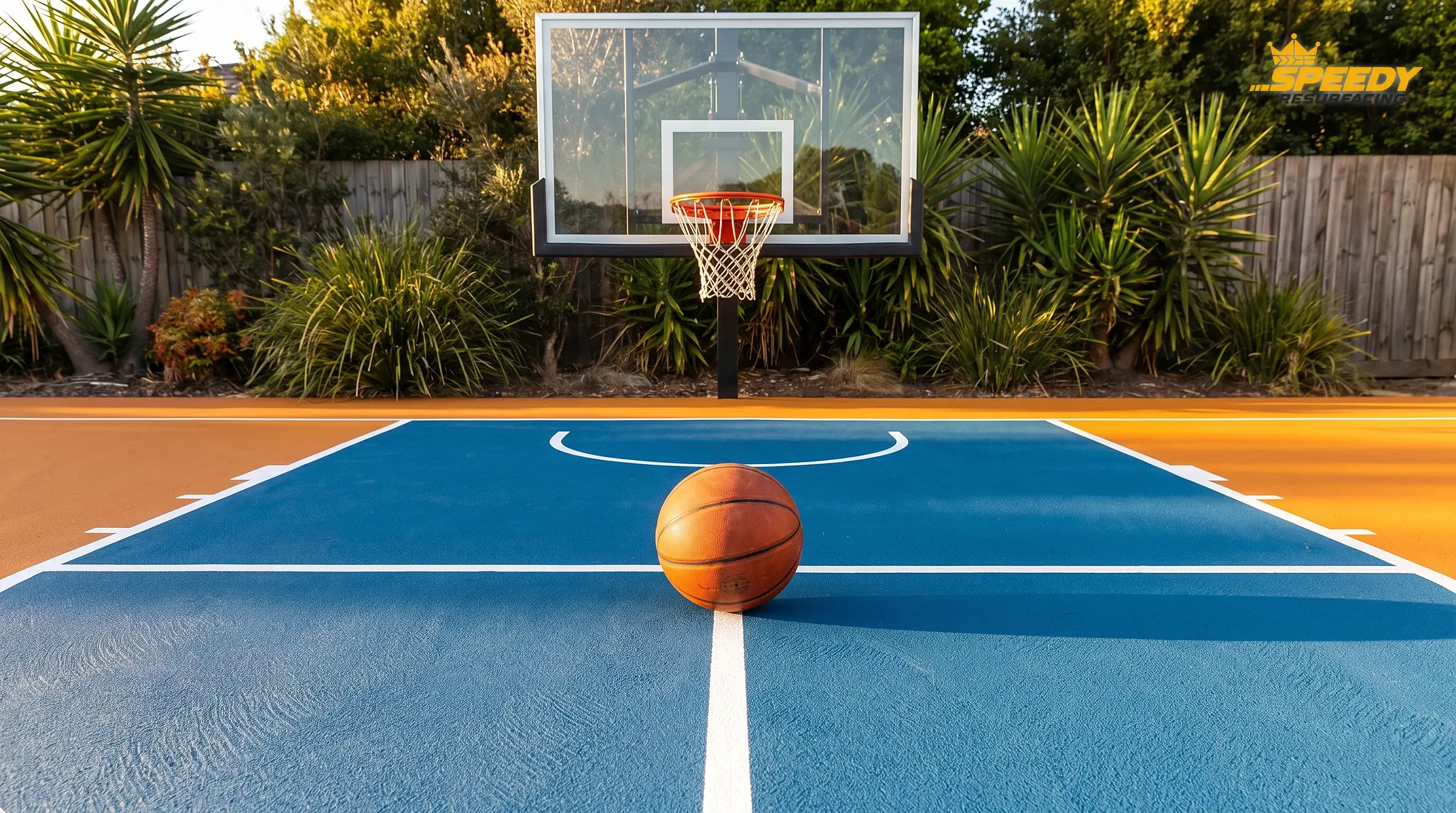 What never changes: 4.6 m from the rim to the free-throw line and a 4.9 m key. Scale the perimeter to the yard, keep the shooting geometry regulation.