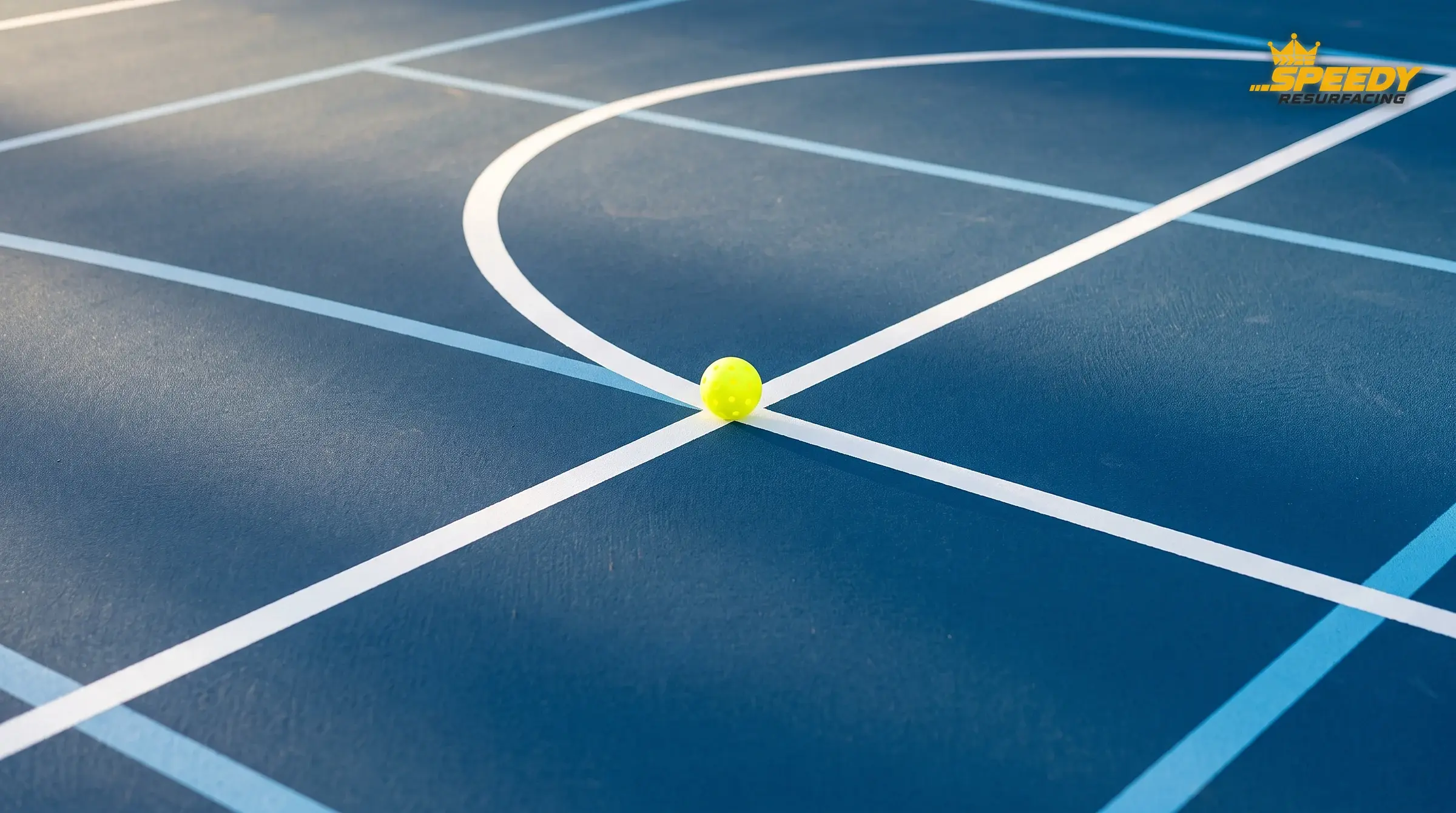 Line hierarchy on a shared court: the bold white basketball arc is the primary sport; the thinner light-blue pickleball boundary is the overlay. An optic-yellow ball reads instantly against both.