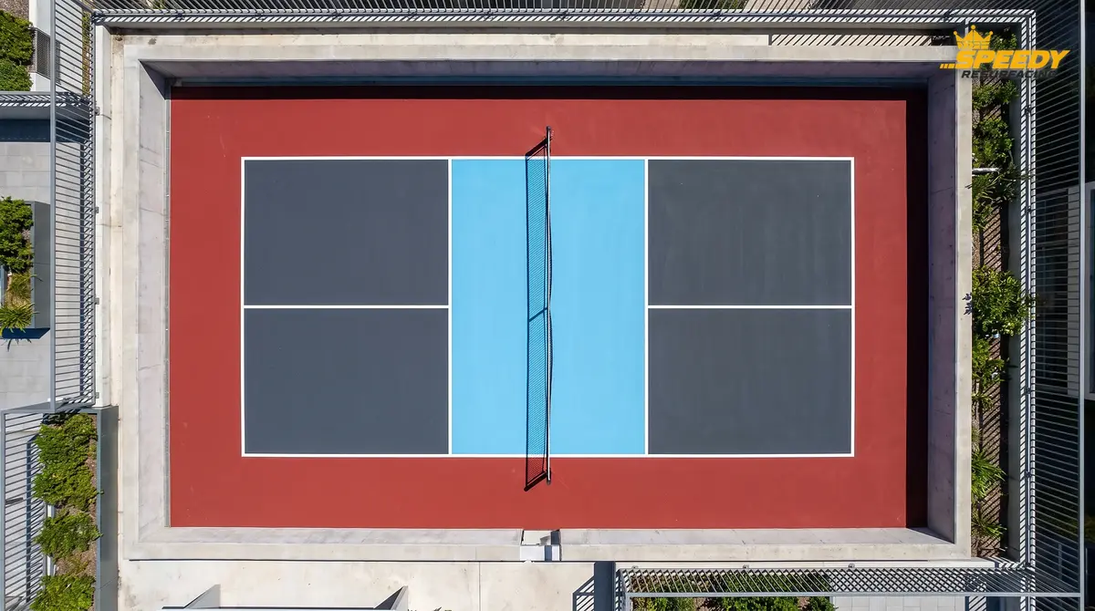 Modern contrast pickleball court: charcoal playing area with light-blue kitchen zones and red surround, aerial view