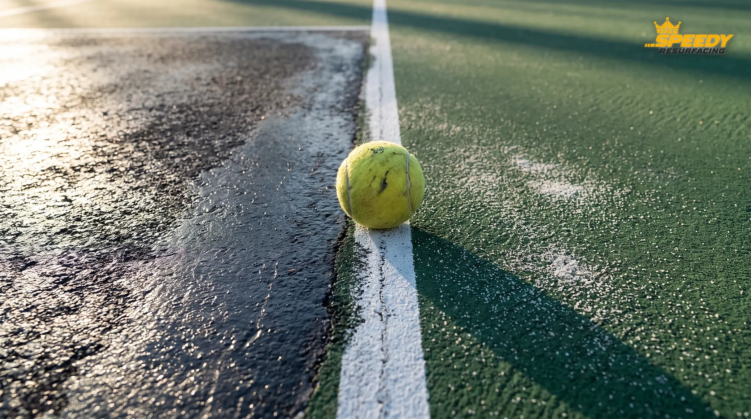 Aggregate burnout on the baseline — the silica has stripped out, leaving a slick glossy patch with the black asphalt stones showing through beside the intact sand-textured acrylic.