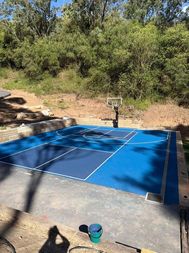 Backyard two-tone blue multi-sport court with basketball hoop, key and pickleball lines set against Sydney bushland