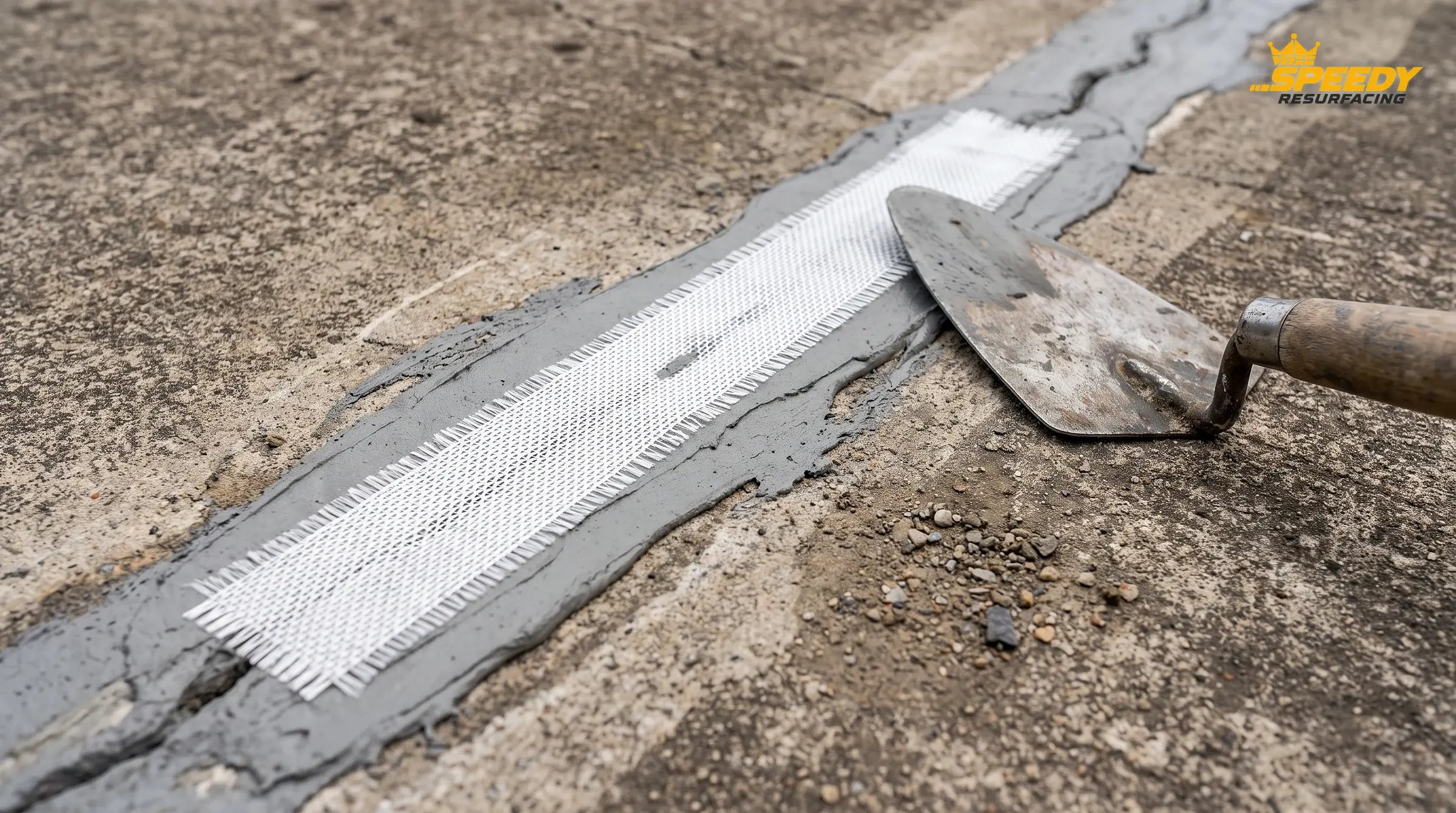Crack bridging before colour: high-tensile fibreglass membrane embedded in elastomeric filler lets the slab micro-move without tearing the finish coat above it.