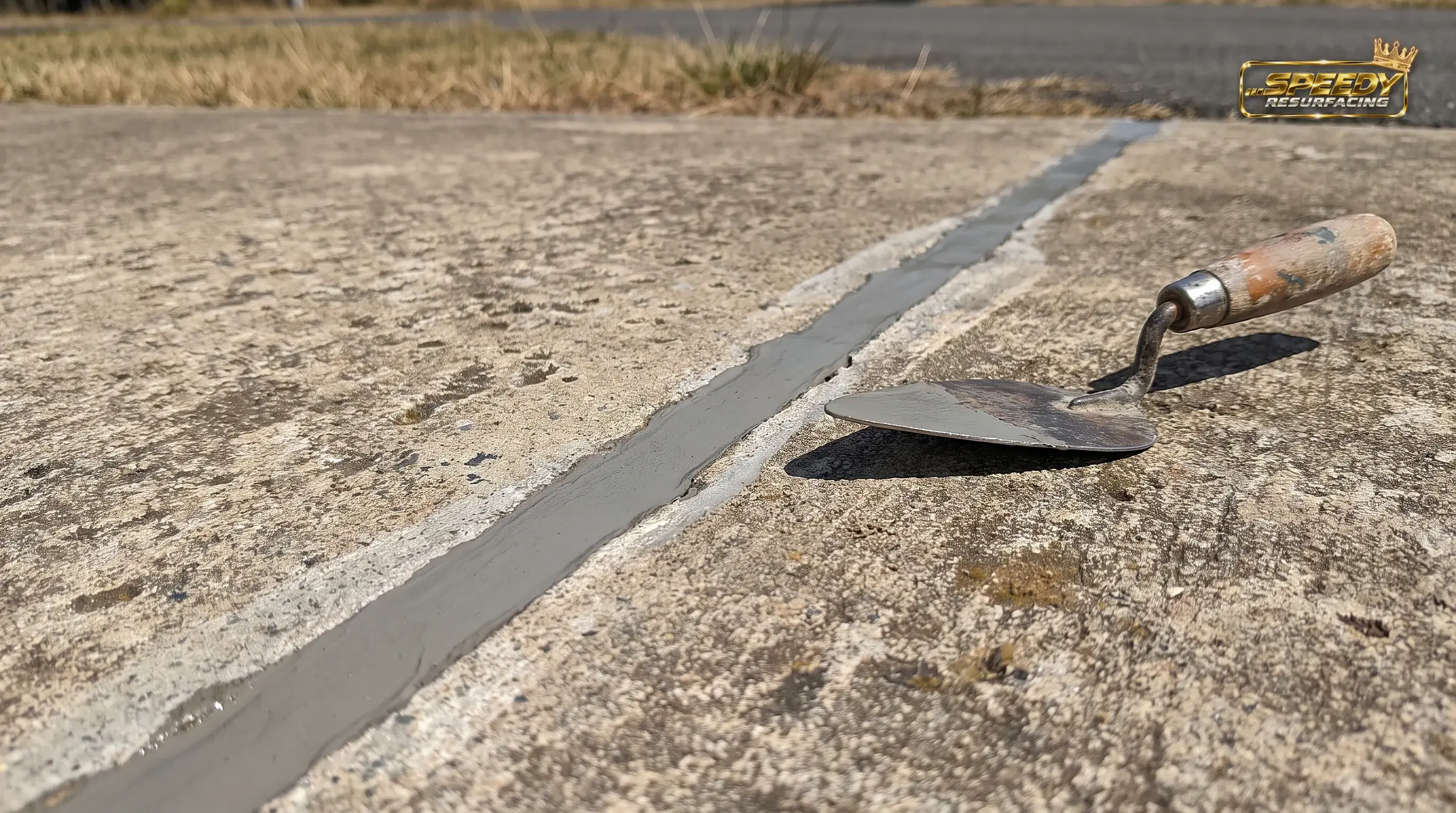 A V-routed crack filled flush with flexible elastomeric binder — it moves with the slab instead of telegraphing through the new colour coats.