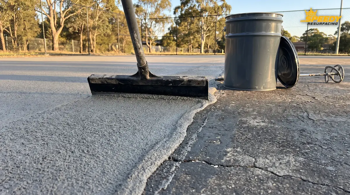 Day 3: silica-sand acrylic resurfacer squeegeed across a school court