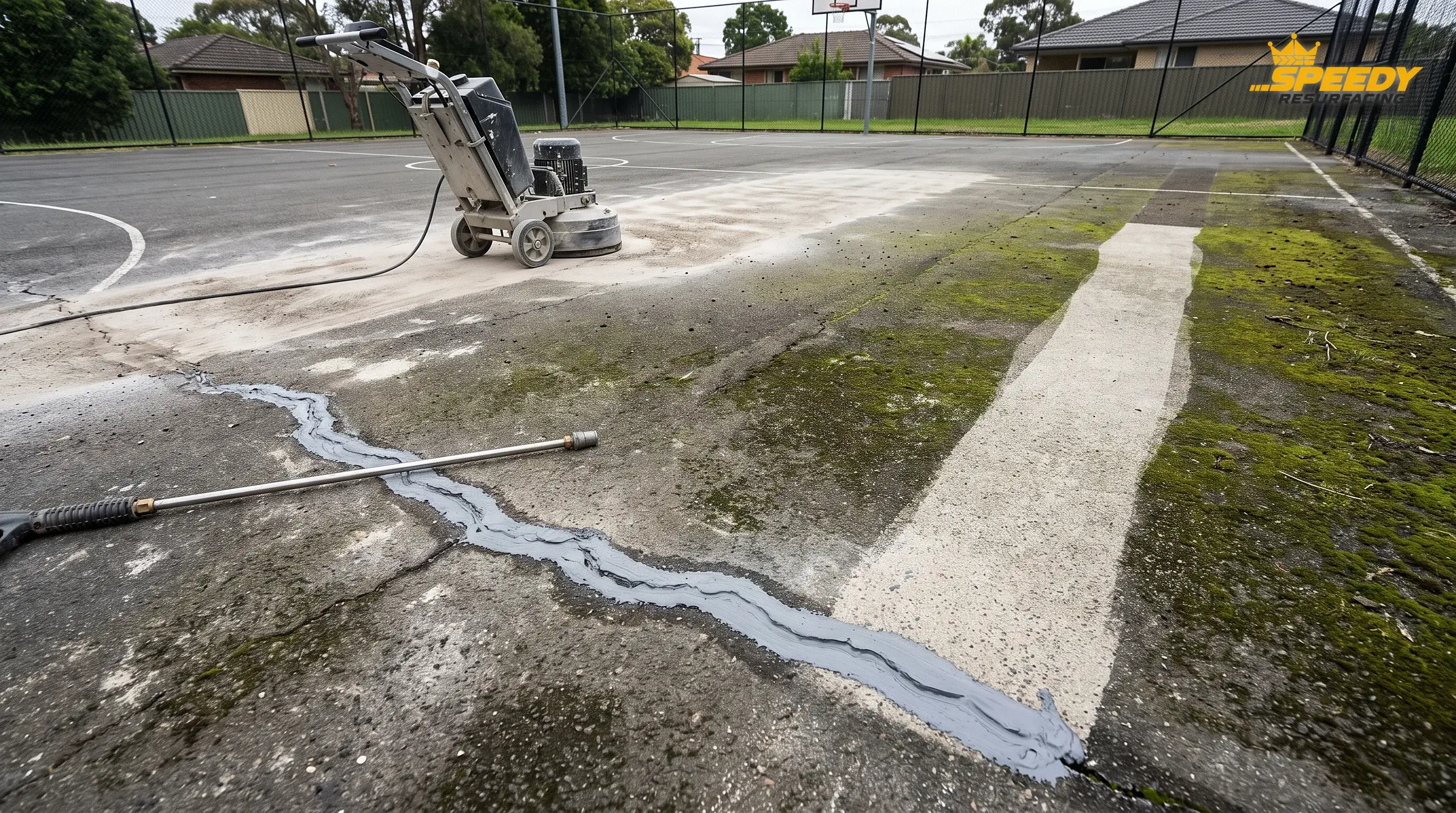 The preparation protocol in one frame: a pressure-washed stripe through the grime, a ground section, and a routed crack filled flush — all before any colour.