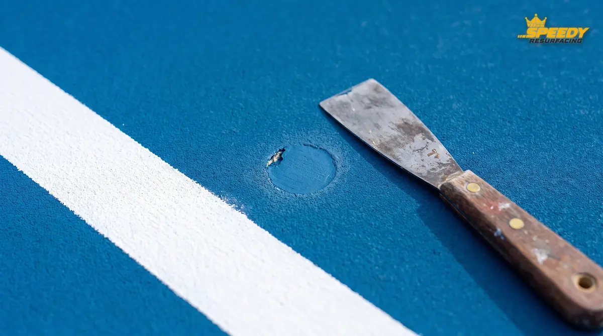 Stage 1 localised repair: a small cosmetic chip on a sound tennis court filled flush with acrylic filler