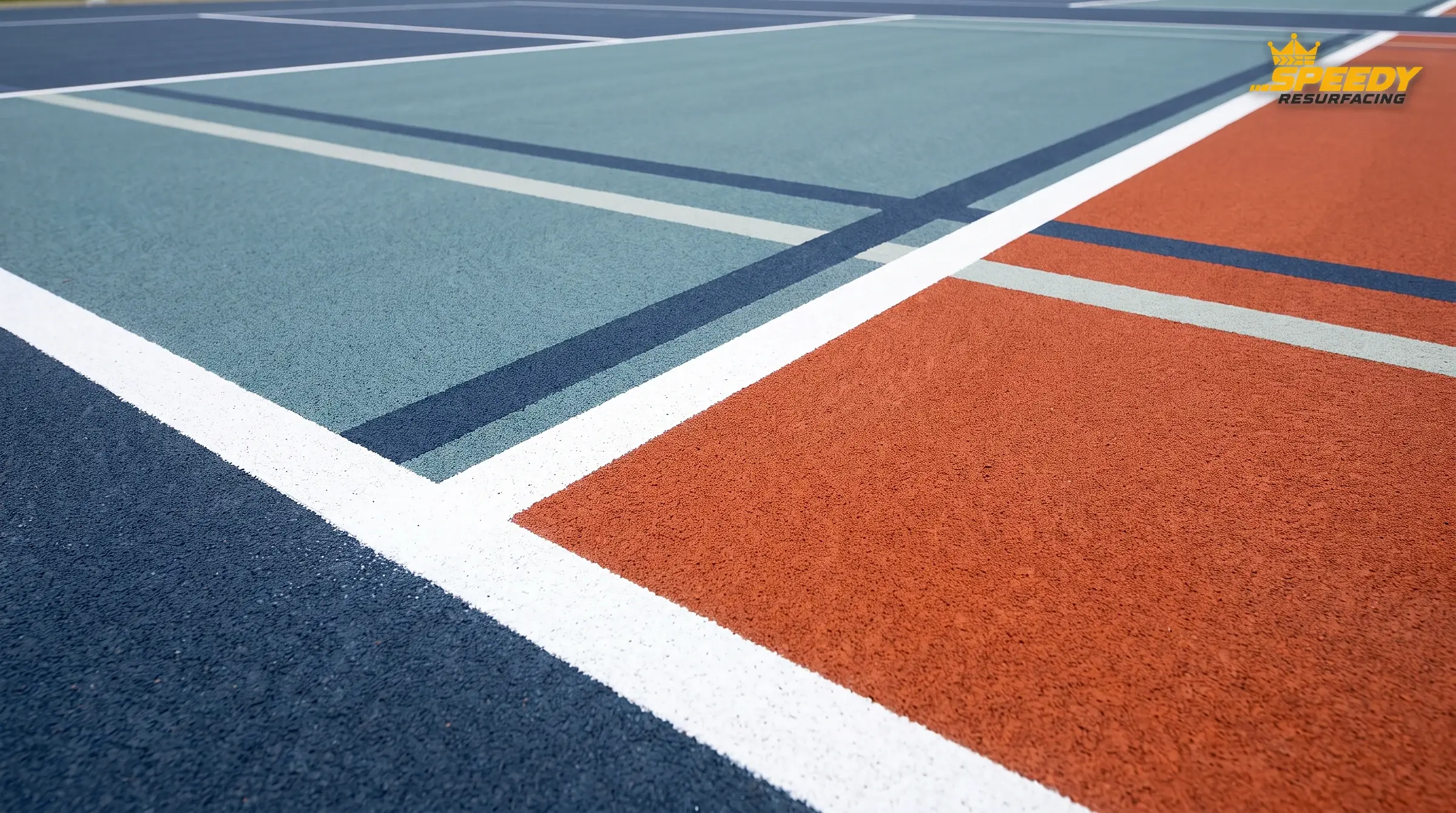 Three sports stacked without confusion: bold white basketball, navy netball, pale-grey pickleball — and a colour change where the key meets the kitchen.