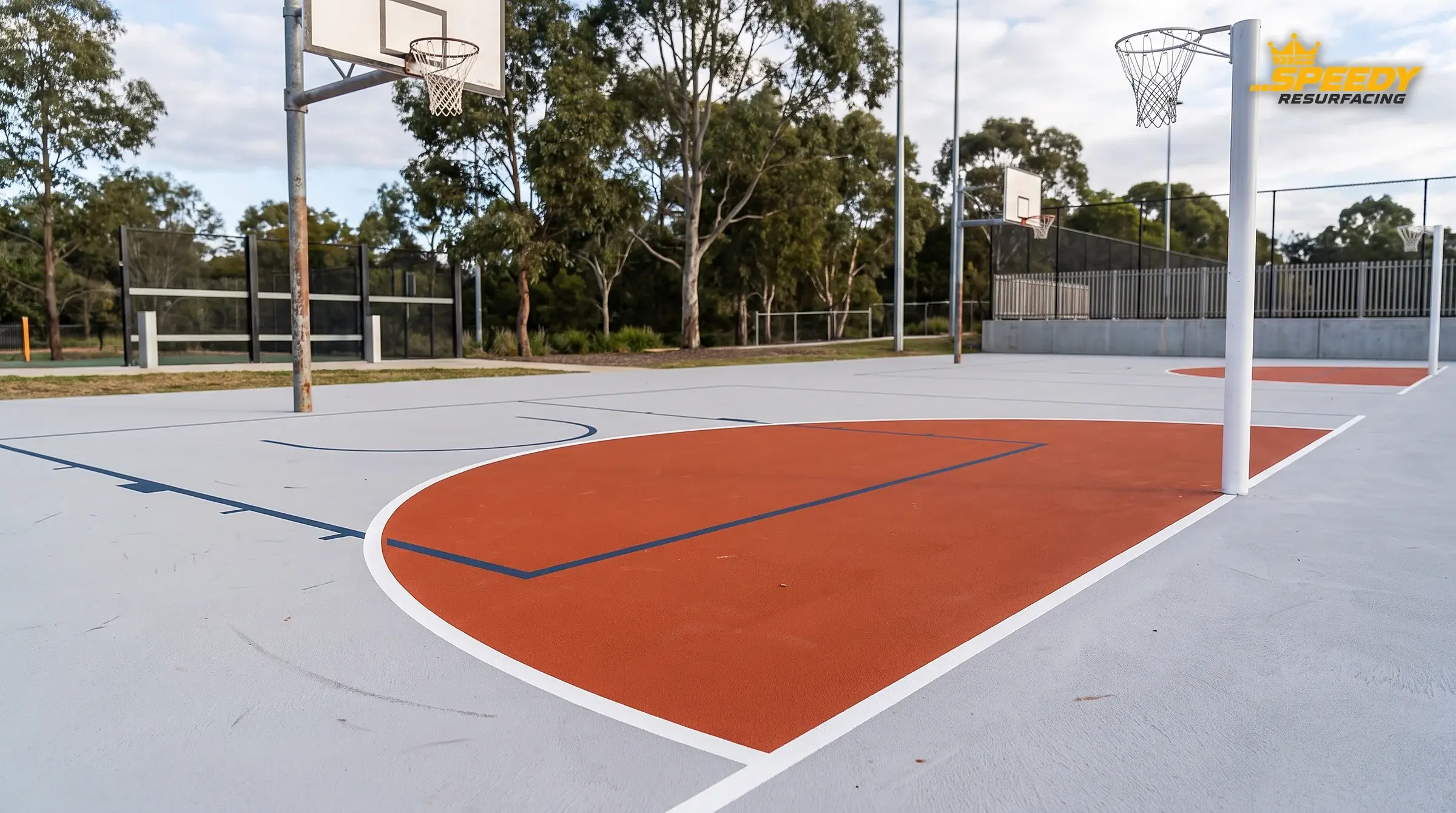 Netball and basketball on one slab: a solid-filled white netball goal circle, thinner navy basketball key lines crossing it — two sports, instantly legible.