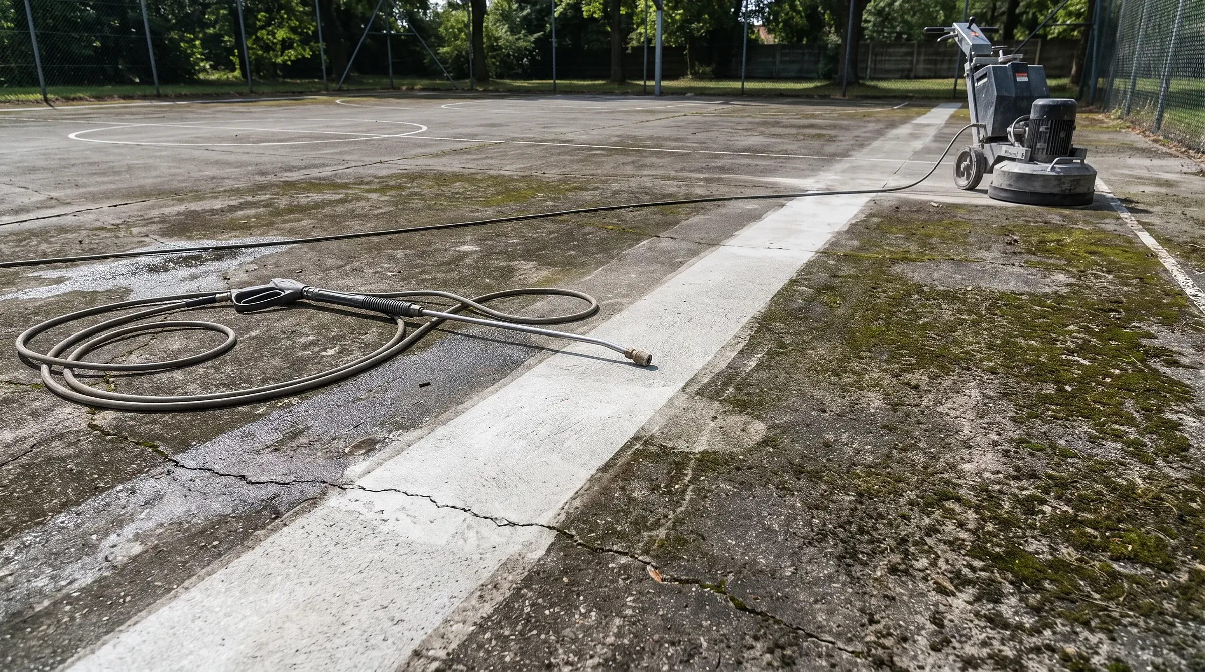 Industrial pressure washing strips moss and grime back to a clean, porous profile; the grinder follows wherever old coatings refuse to let go.