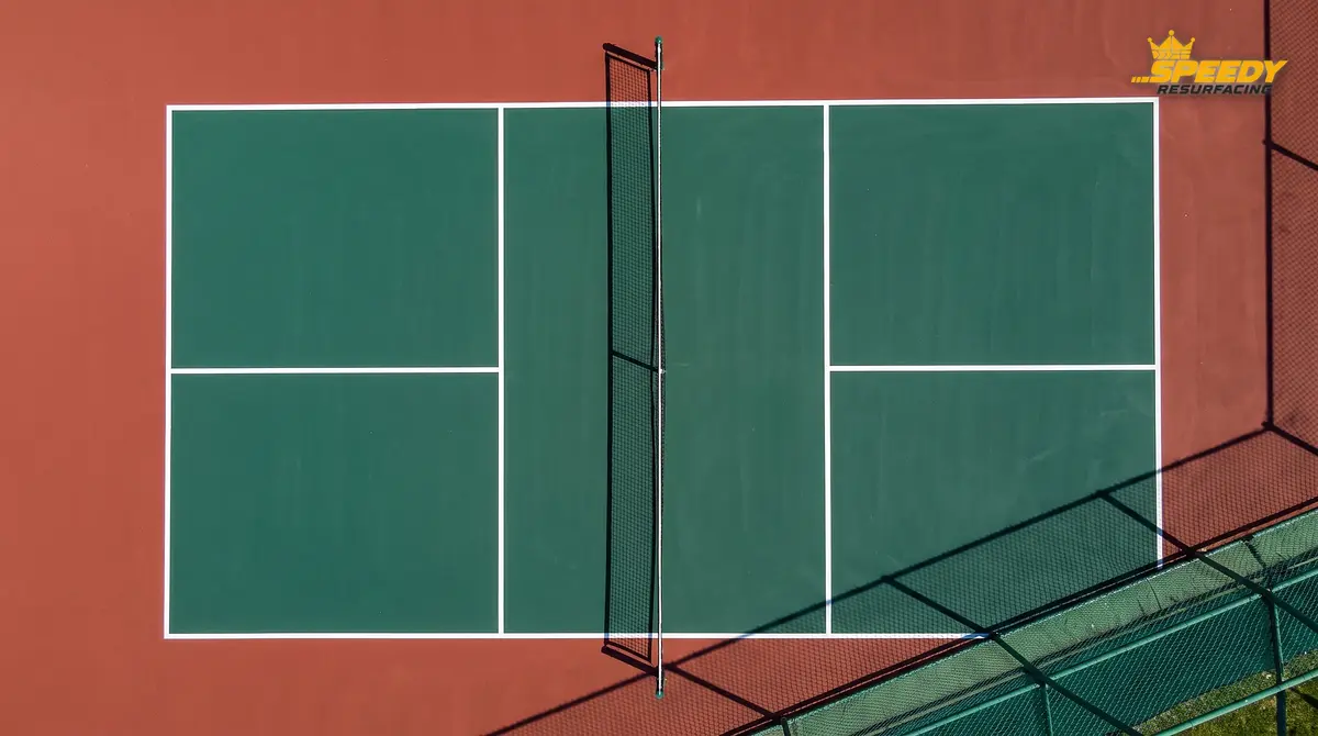 Traditional sport green pickleball court with terracotta out-of-bounds surround, aerial view