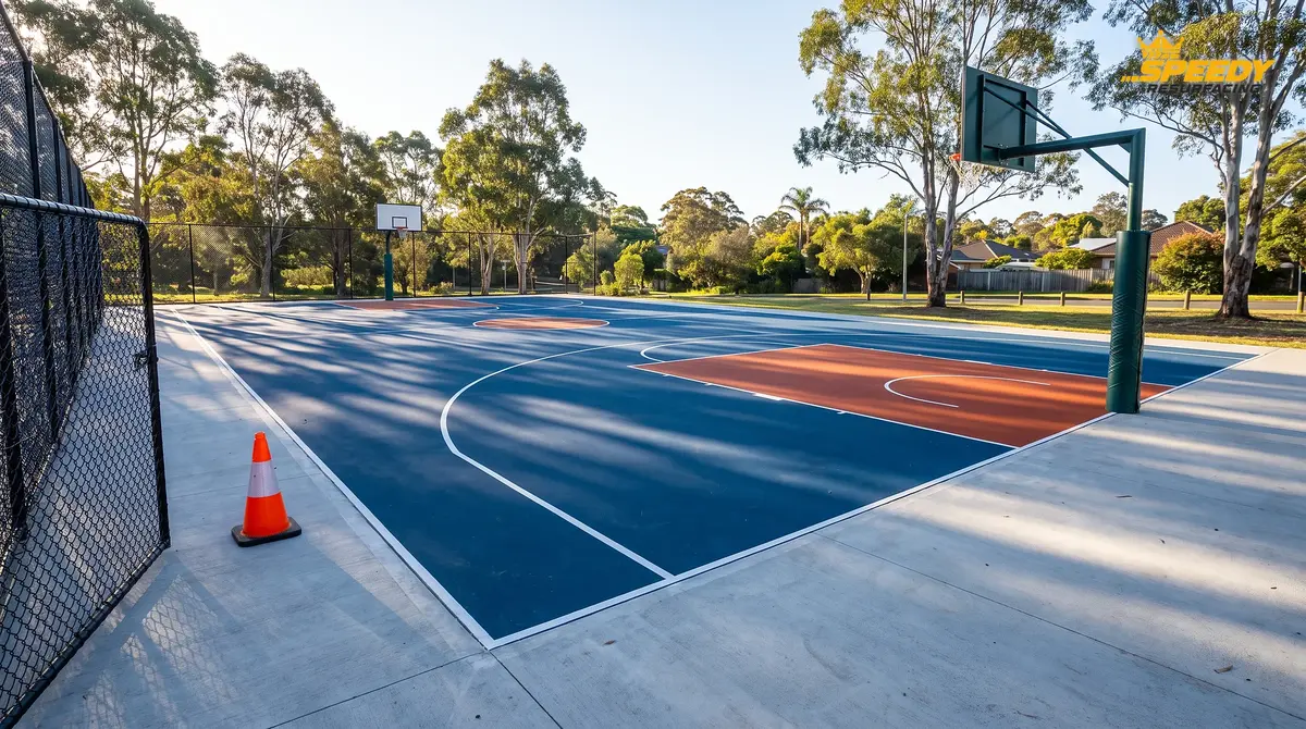 Completed Sydney council basketball court at handover with new acrylic surface and swept apron