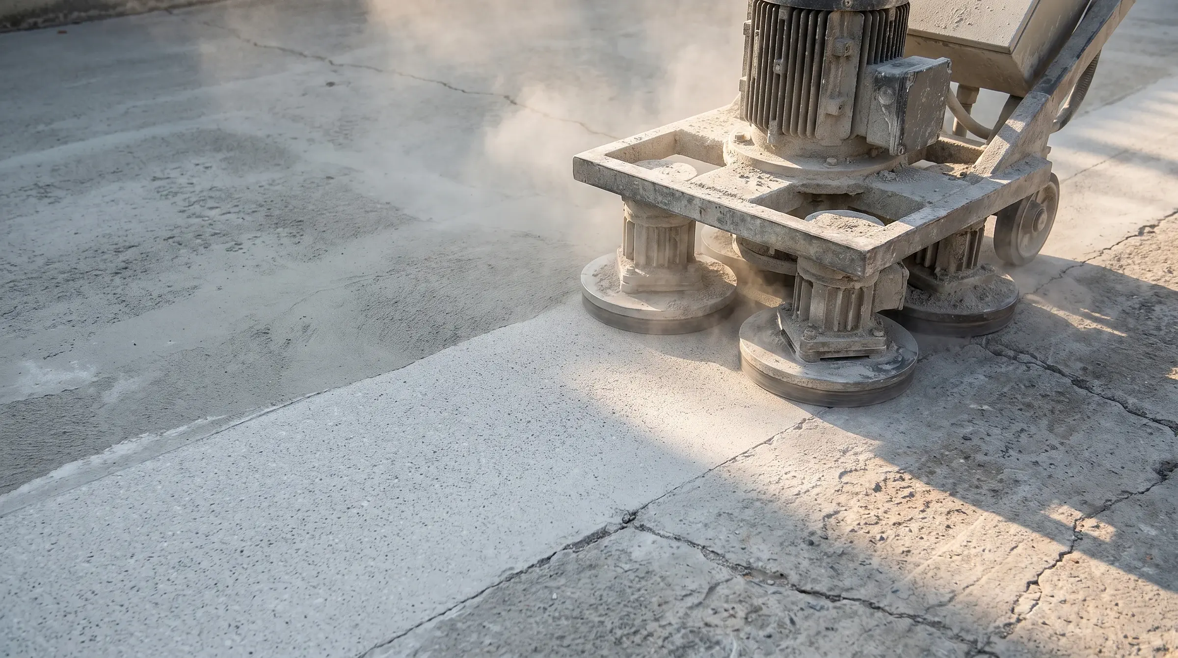 Planetary diamond grinding strips weak laitance and opens the concrete to a CSP 2–3 profile — the freshly ground swath beside untouched slab.