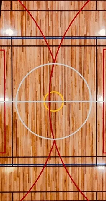 Colour-coded multi-sport overlay on a resurfaced indoor school hall — basketball, netball and volleyball on one footprint.