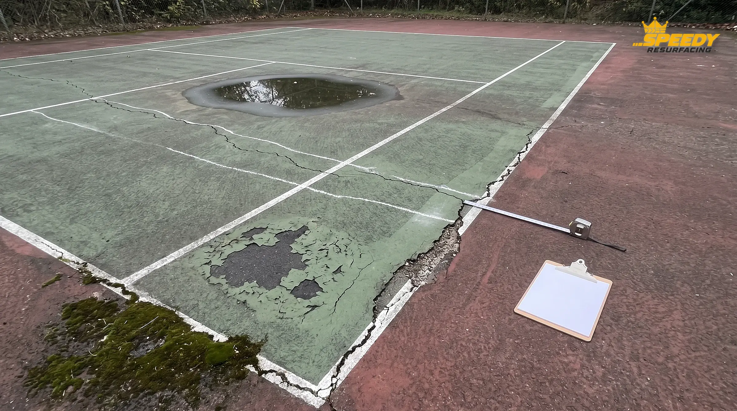 The five-factor substrate check on an old asphalt court — chalk-marked cracks, a ponding low spot, flaking paint and moss. Everything here must be resolved before pickleball colour goes down.