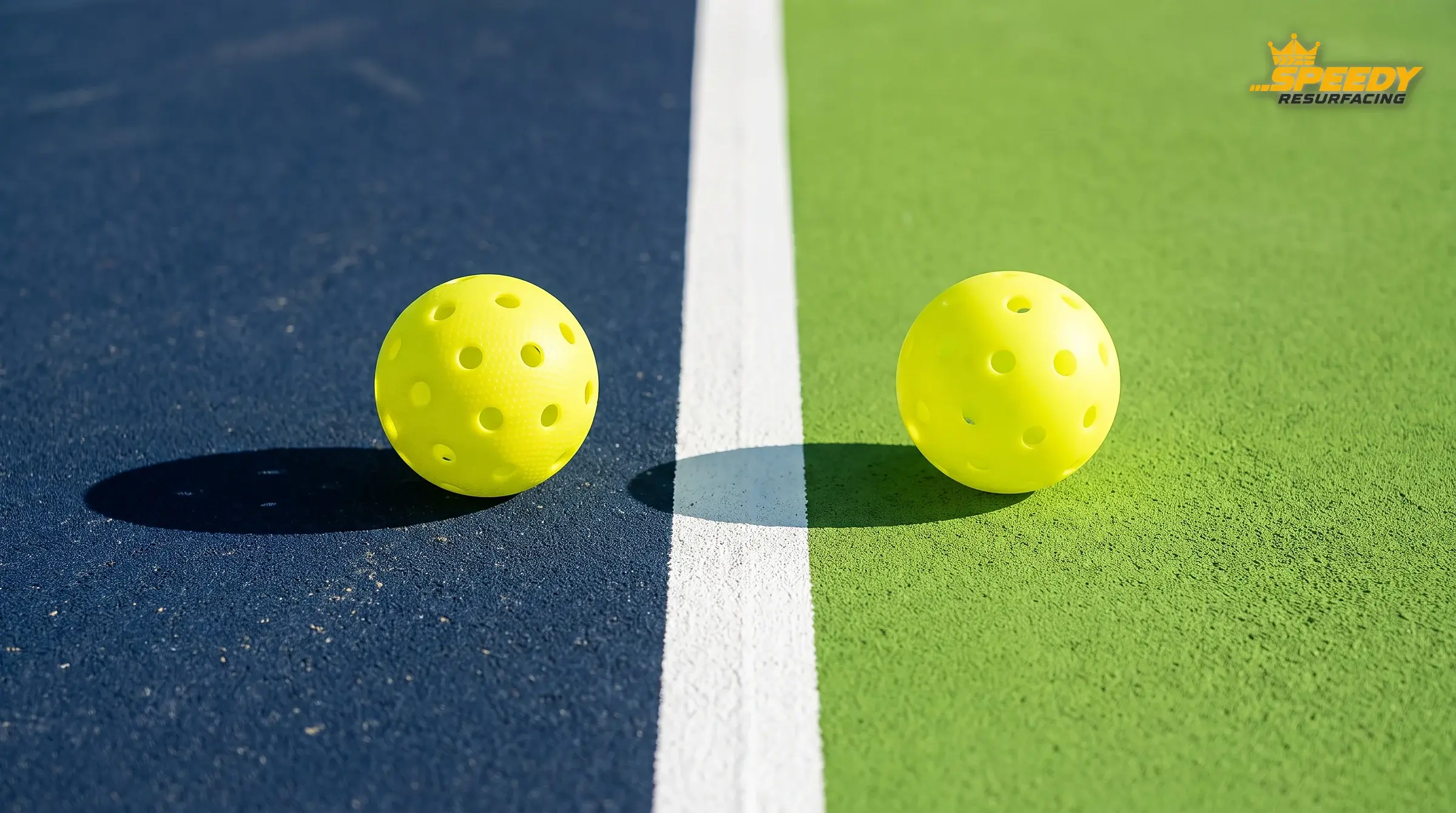 Same ball, two surfaces: optic yellow pops against deep navy on the left and all but vanishes on lime green on the right. Pickleball zones belong on cool, dark colours.