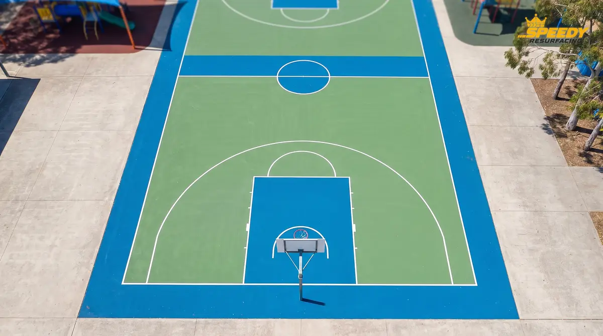 Aerial view of a standard half basketball court at a Sydney primary school