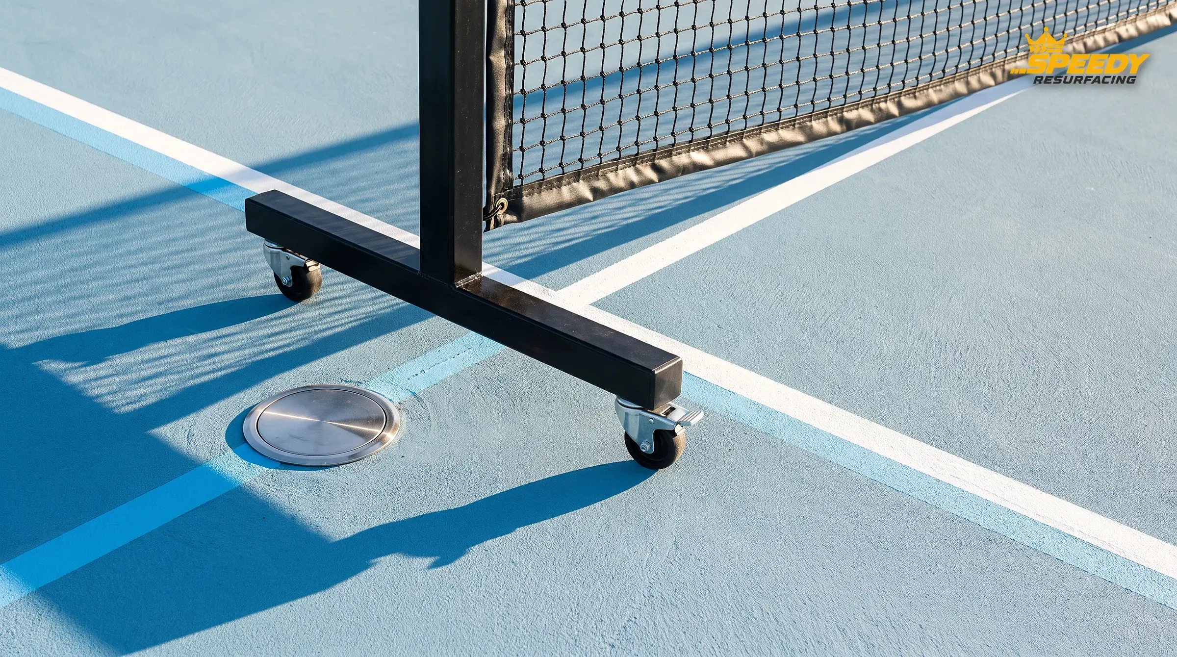 Shared-court hardware: a wheeled portable net rolled into position beside a flush post-sleeve cap — basketball to pickleball in minutes.