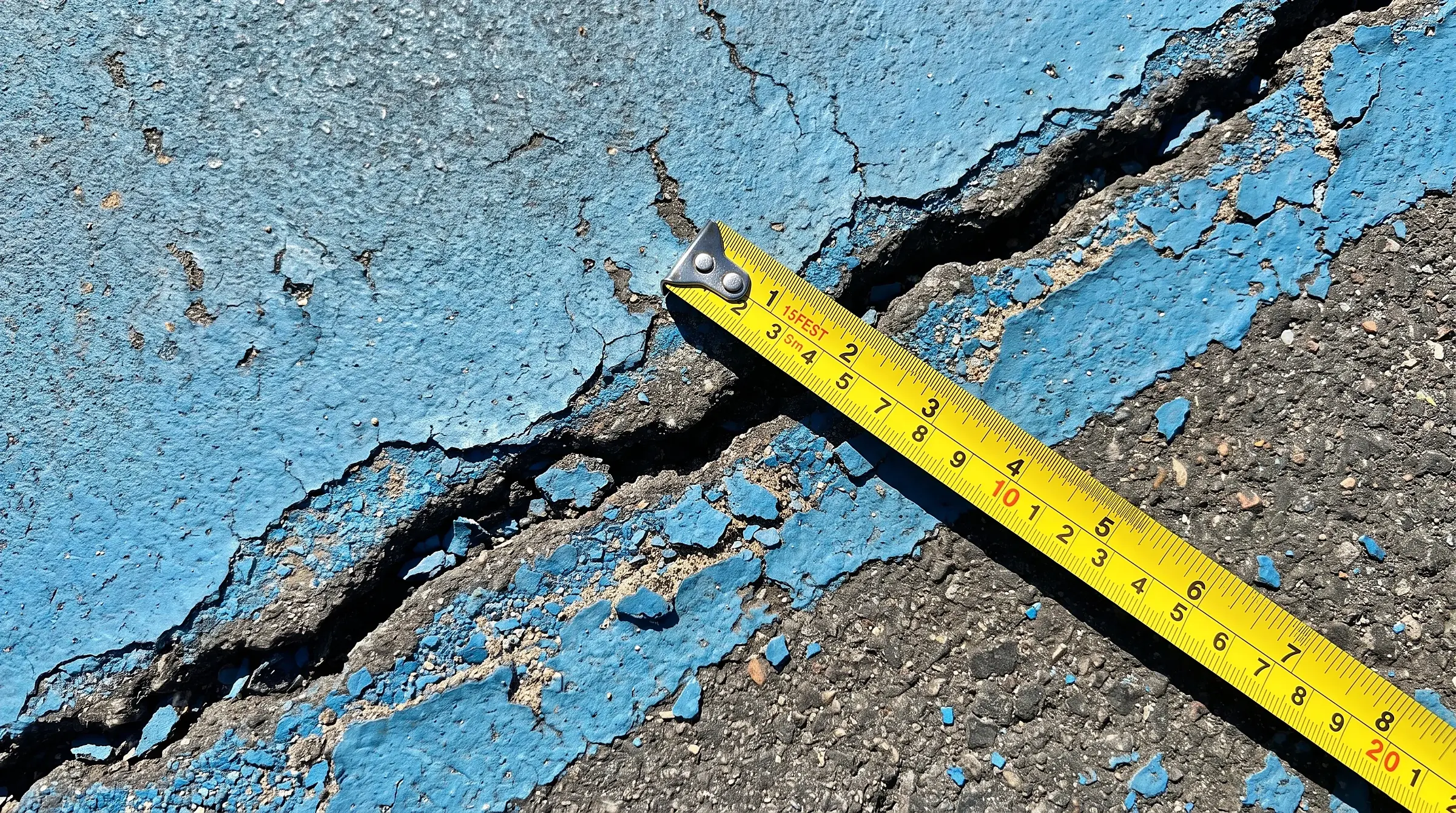 Stress fracture through oxidised asphalt and failing acrylic — measured, mapped and categorised before any repair compound is specified.