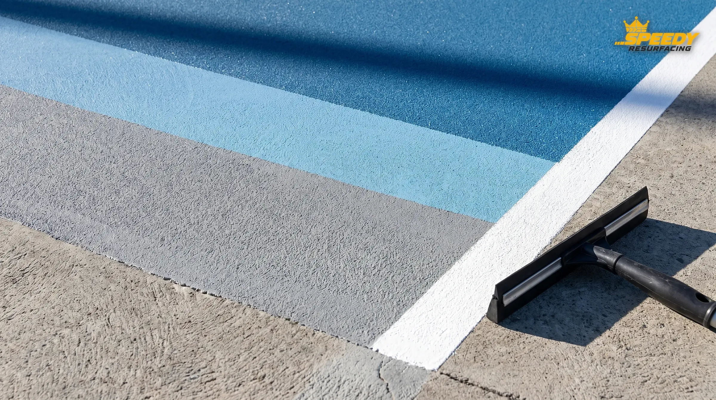 The system, layer by layer — ground concrete, silica-textured resurfacer, first and second colour coats, then the line. The exact combination depends on the substrate and the coating specification selected.