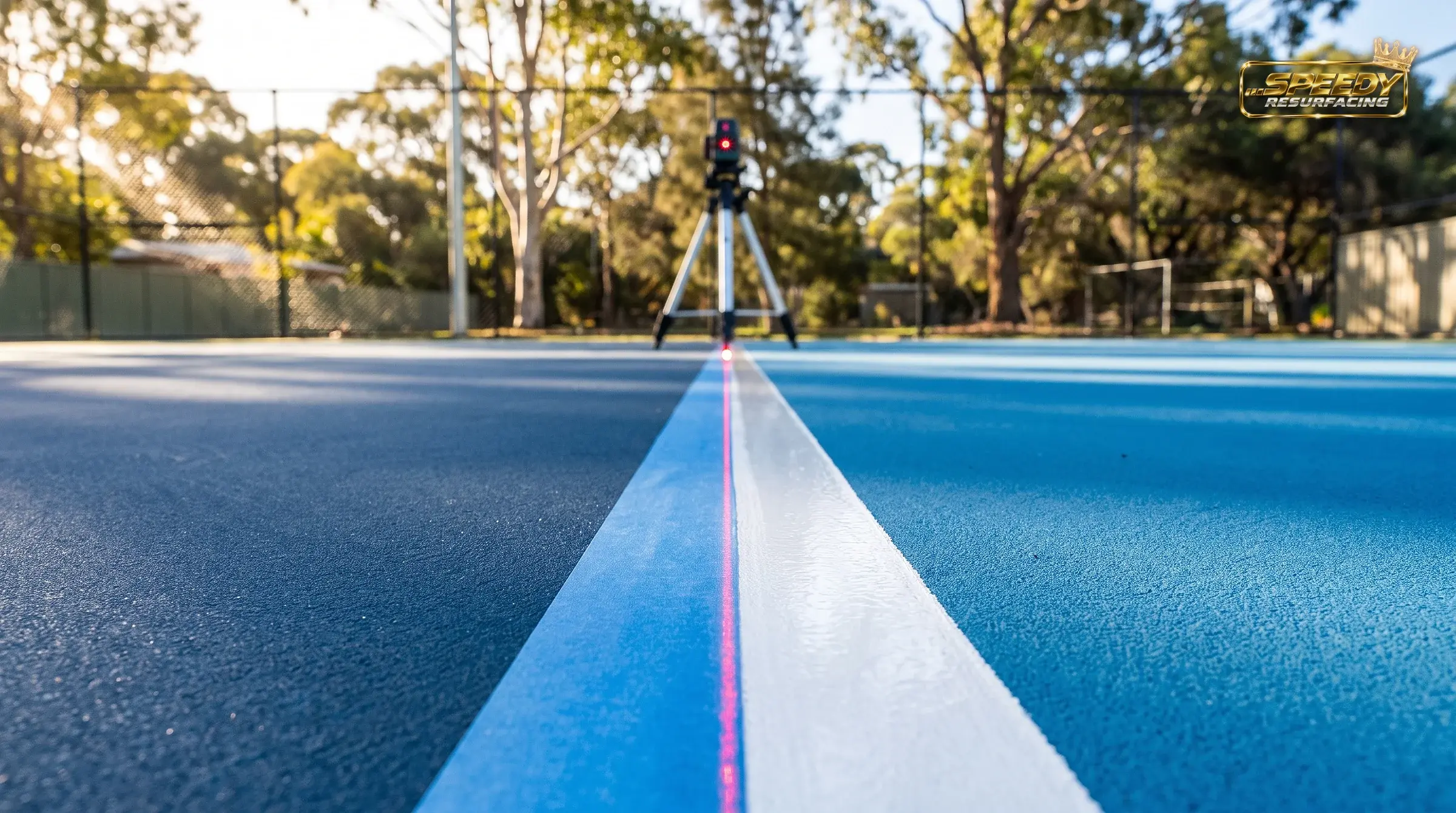The last 10%: laser-guided set-out, sharp-edge masking and a crisp regulation line on a two-tone acrylic court — the Speedy Line Marking lineage on every job.