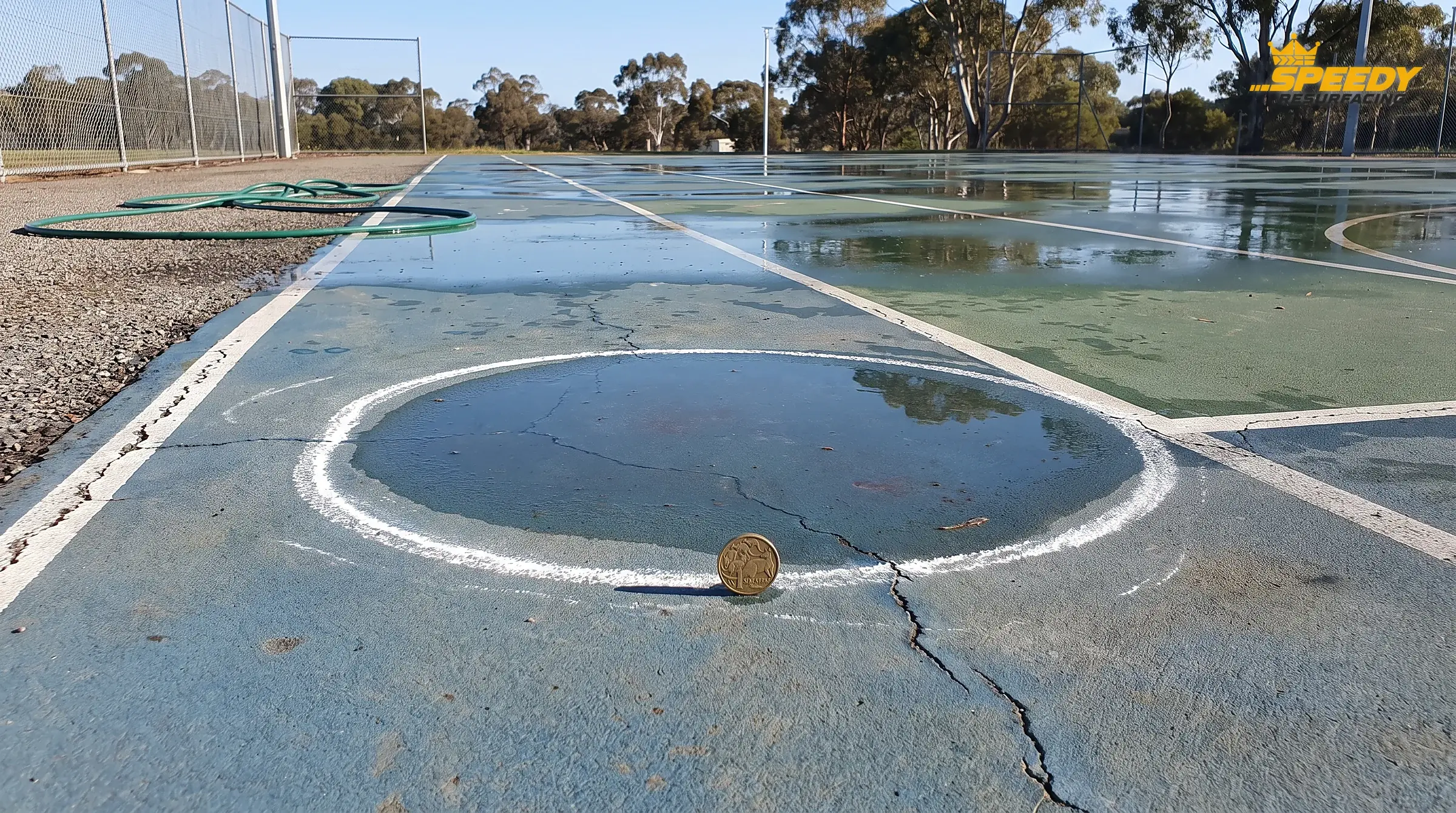 The flood test, sixty minutes in: the surface has drained except for one birdbath. Its perimeter is marked in paint and the coin at its edge shows it is deep enough to be levelled.