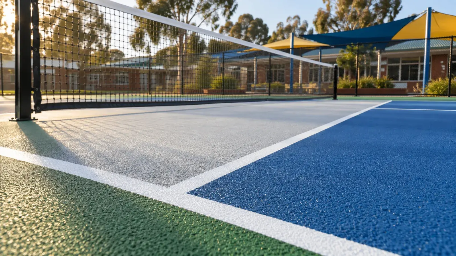 Silica-textured, UV-stabilised acrylic beneath the net on a Sydney school pickleball court — uniform friction, true bounce and shade-sail cover for PE classes.
