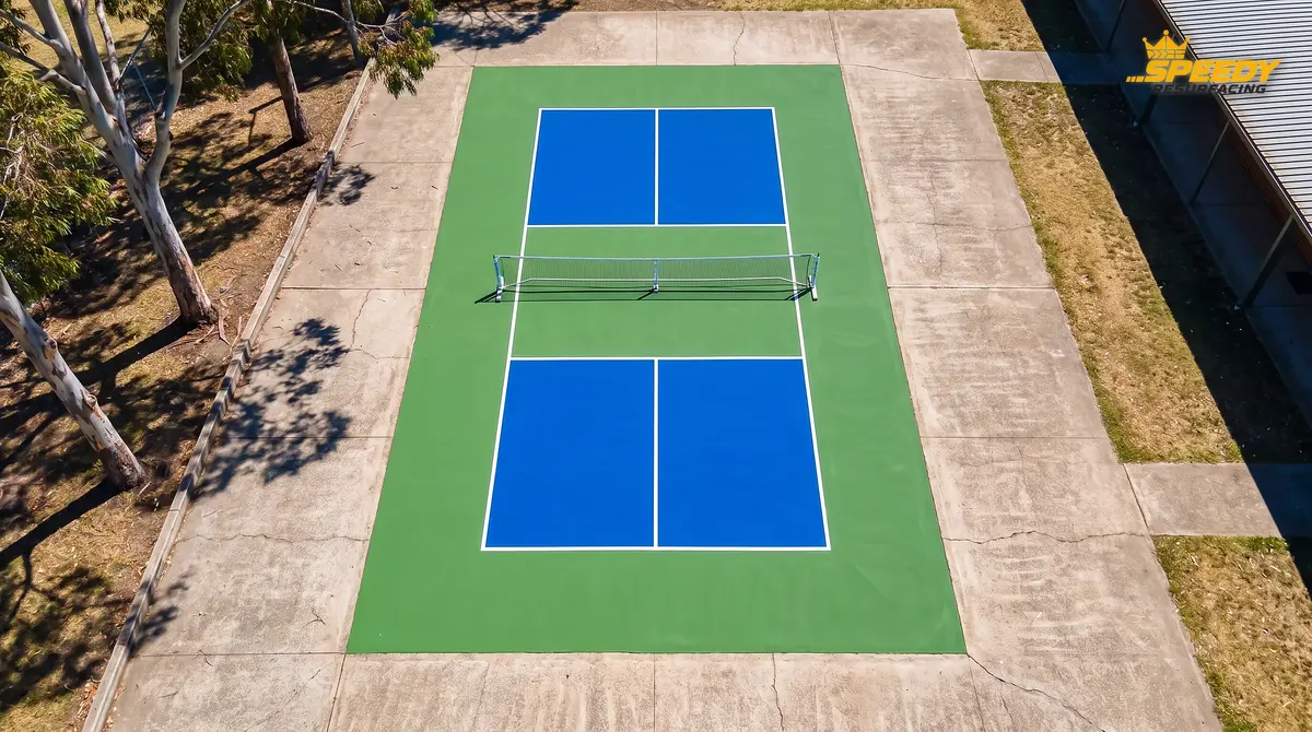Two-tone classic pickleball court: blue in-bounds playing area with green kitchen zones and green surround, aerial view