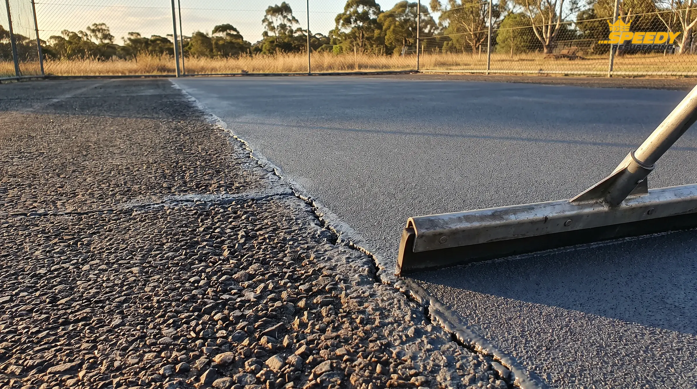 Asphalt after the resurfacer pass: silica-filled acrylic fills every void in the oxidised aggregate and leaves one uniform fine-sand texture for the colour coats to bond to.