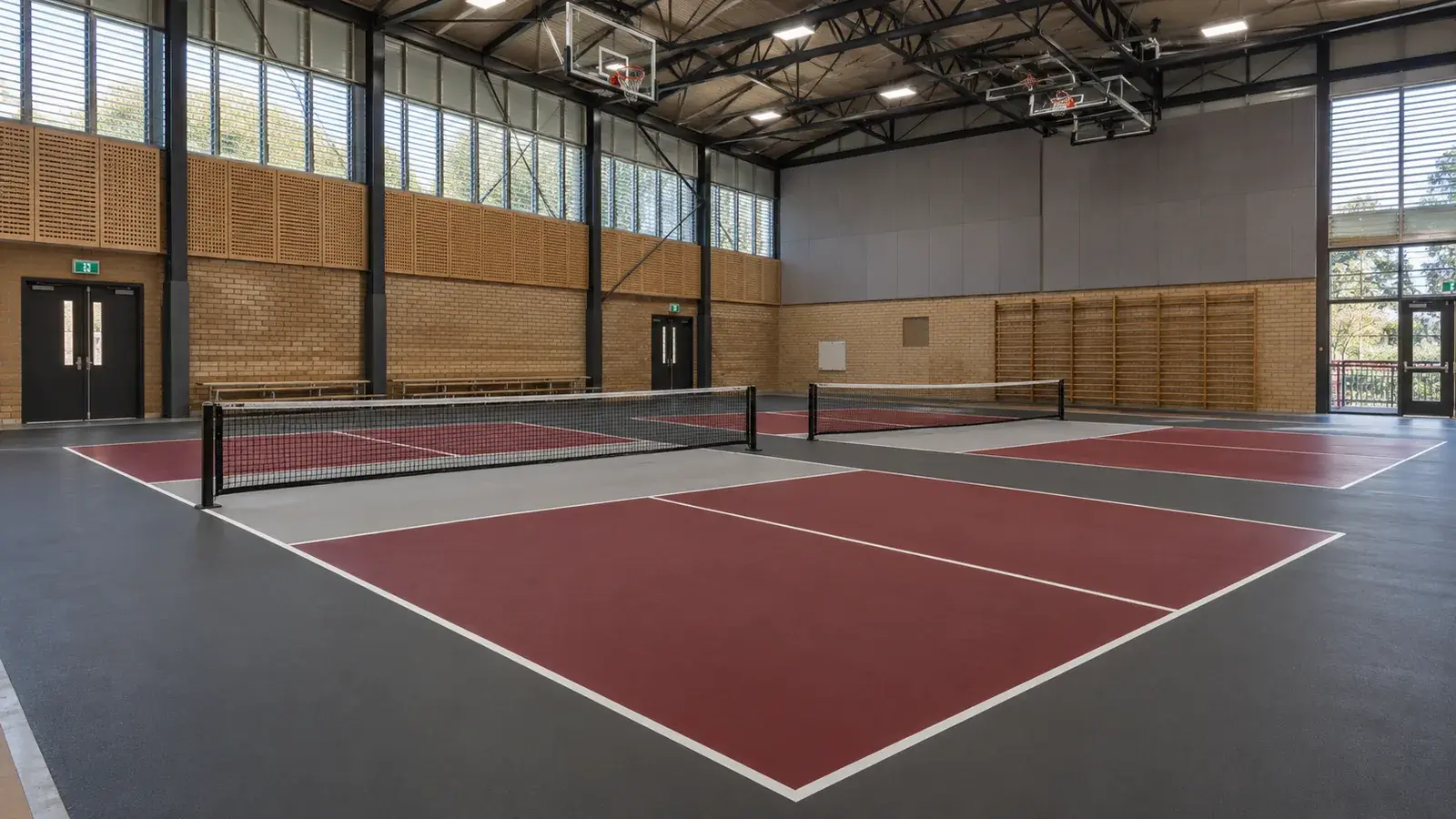 Dedicated indoor pickleball hub in a NSW campus gymnasium — regulation court, kitchen and centreline set out by Speedy Line Marking.