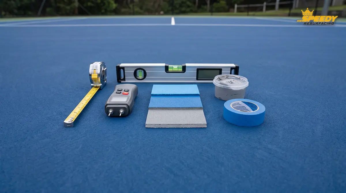 Court resurfacing scoping tools laid out on a new acrylic surface: tape measure, level, moisture meter, layer sample card, patch filler