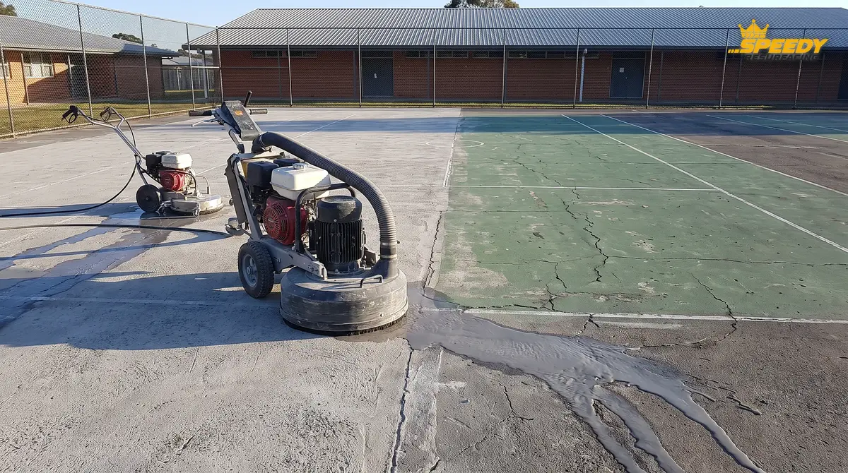 Day 1: grinder with vacuum shroud and pressure washer on a half-stripped Blacktown school court