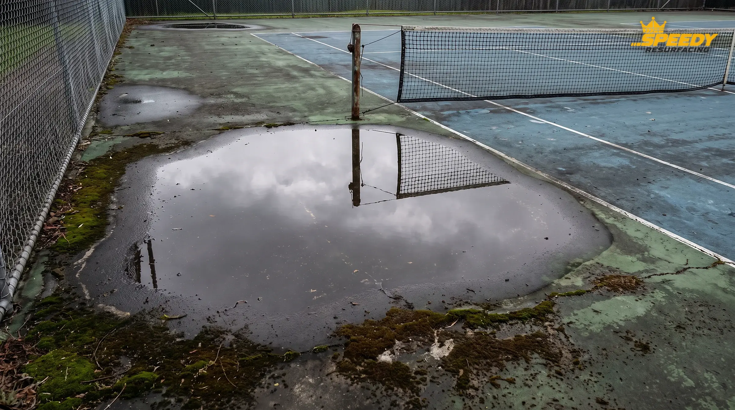Still holding water an hour after rain: a birdbath across the baseline, algae already staining its edges. Shallow ones are levelled during resurfacing; deep ones point to settlement.