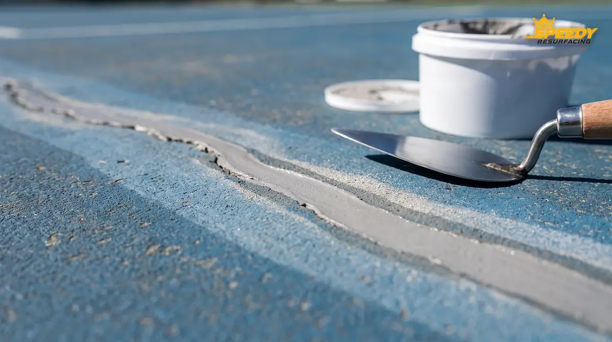 Routed crack in a sports court filled flush with silica-blended flexible acrylic crack filler, trowel resting beside the repair