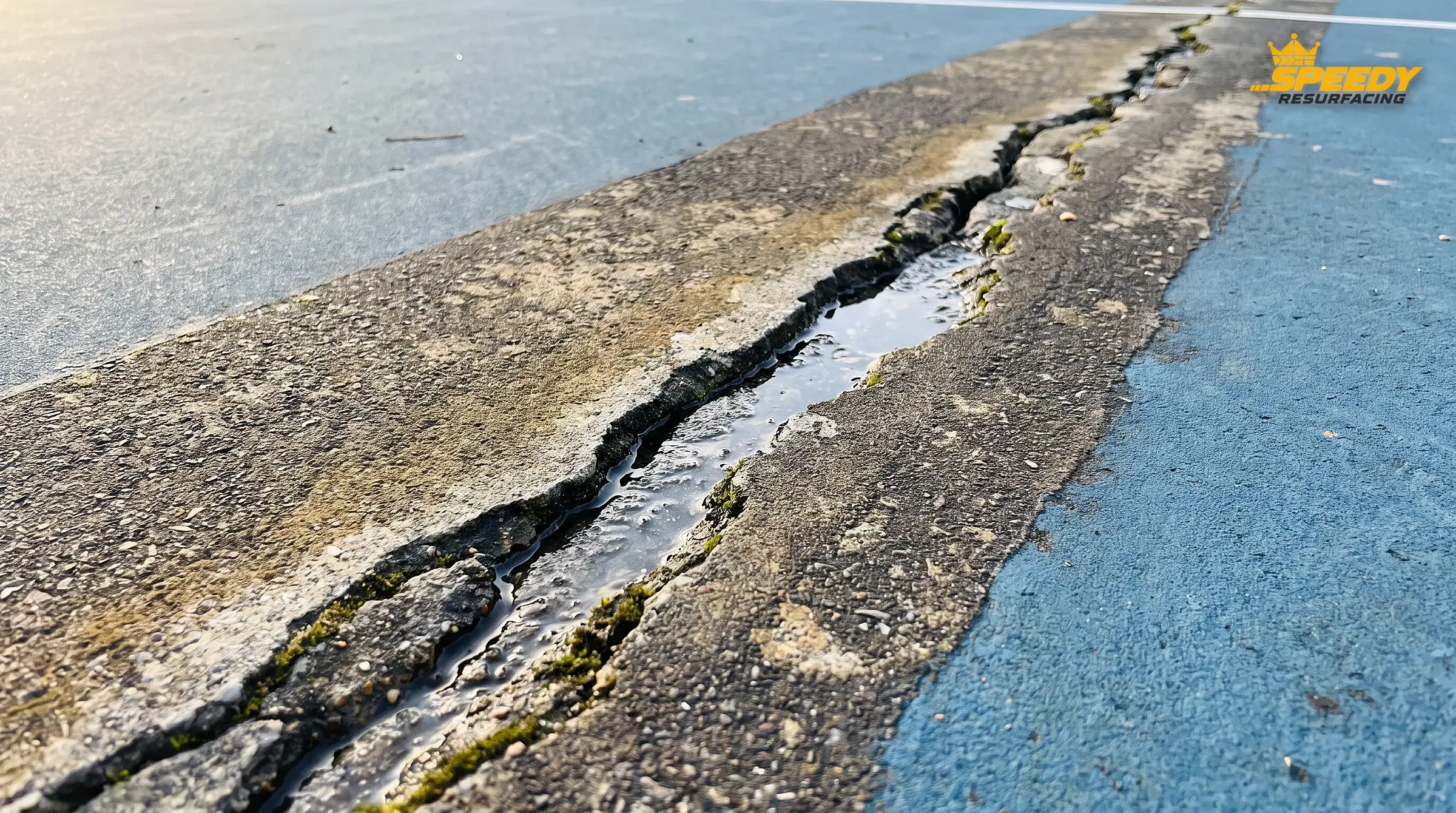 A reflective crack: the patch has split along exactly the same line as the slab crack beneath it. The surface is reporting movement from below — not wear from above.