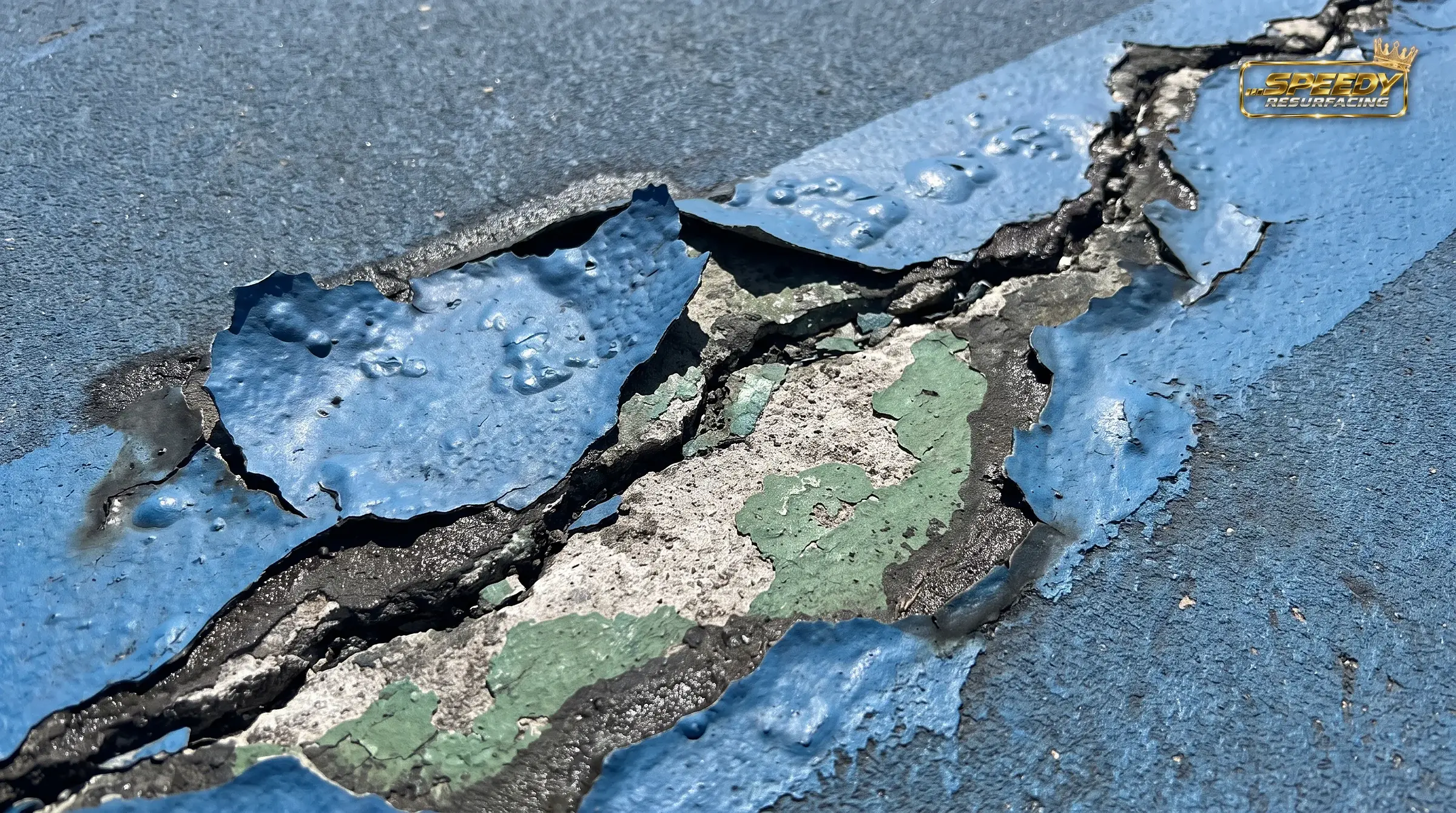 What poor preparation looks like twelve months later — acrylic painted straight over an unsealed crack, now bubbling and lifting as trapped moisture expands.