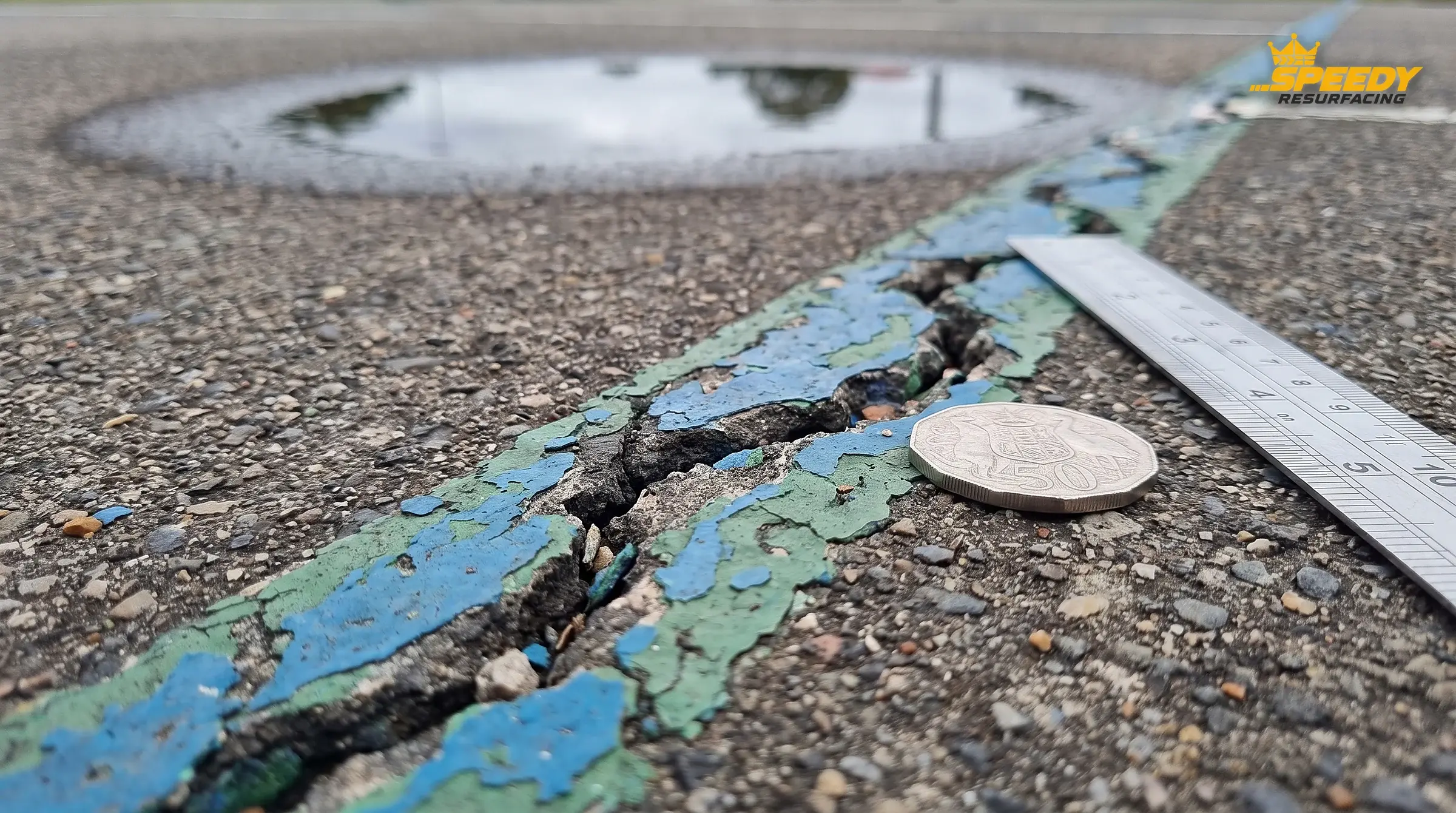 The photo estimators love: a coin and a ruler beside the crack for scale, flaking at the edge, and the ponding low spot in the background — three answers in one frame.