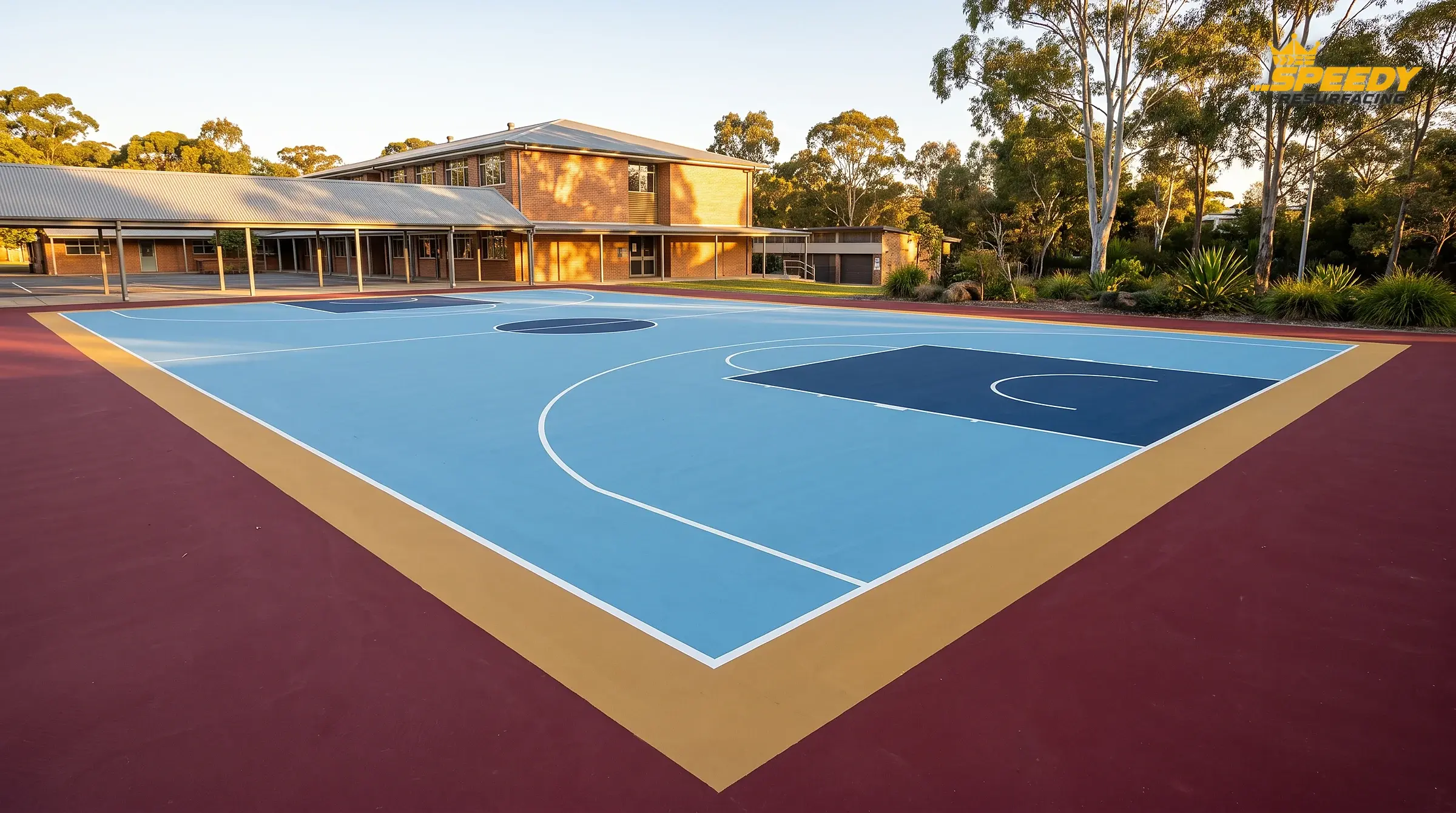 School colours where they belong: a maroon apron with a gold border band framing a clean, high-contrast playing zone — brand pride without compromising ball or line visibility.