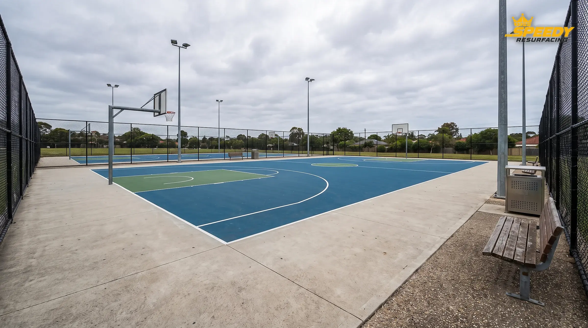 Council run-off done properly: the marked boundary, then a clear apron, and only then the fence and light poles — nothing a player can collide with inside the active zone.