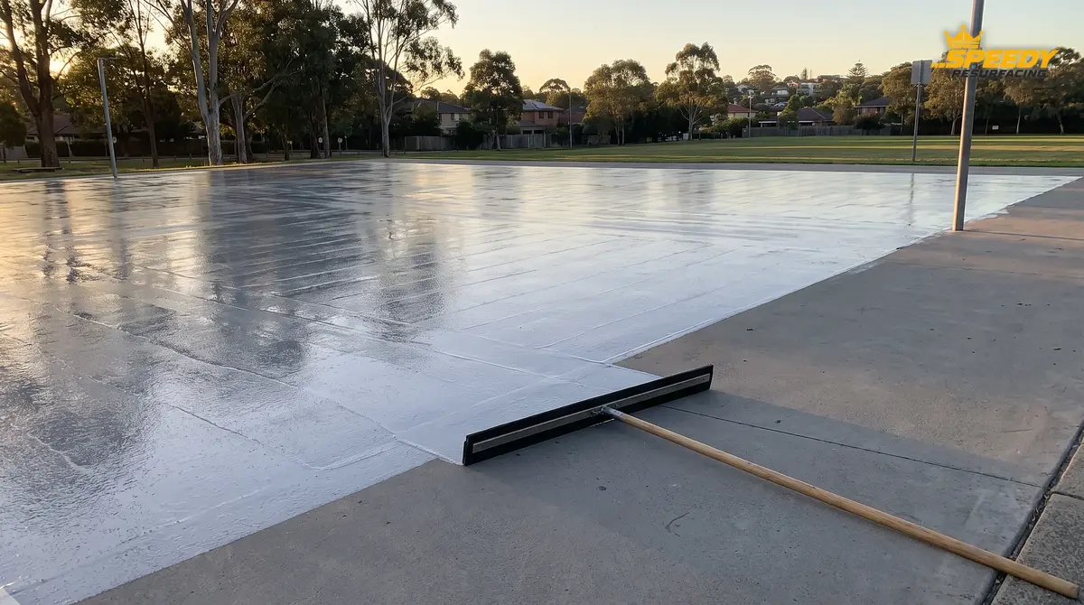 Stage 4: high-penetration acrylic bonding base coat squeegeed across a ground netball court