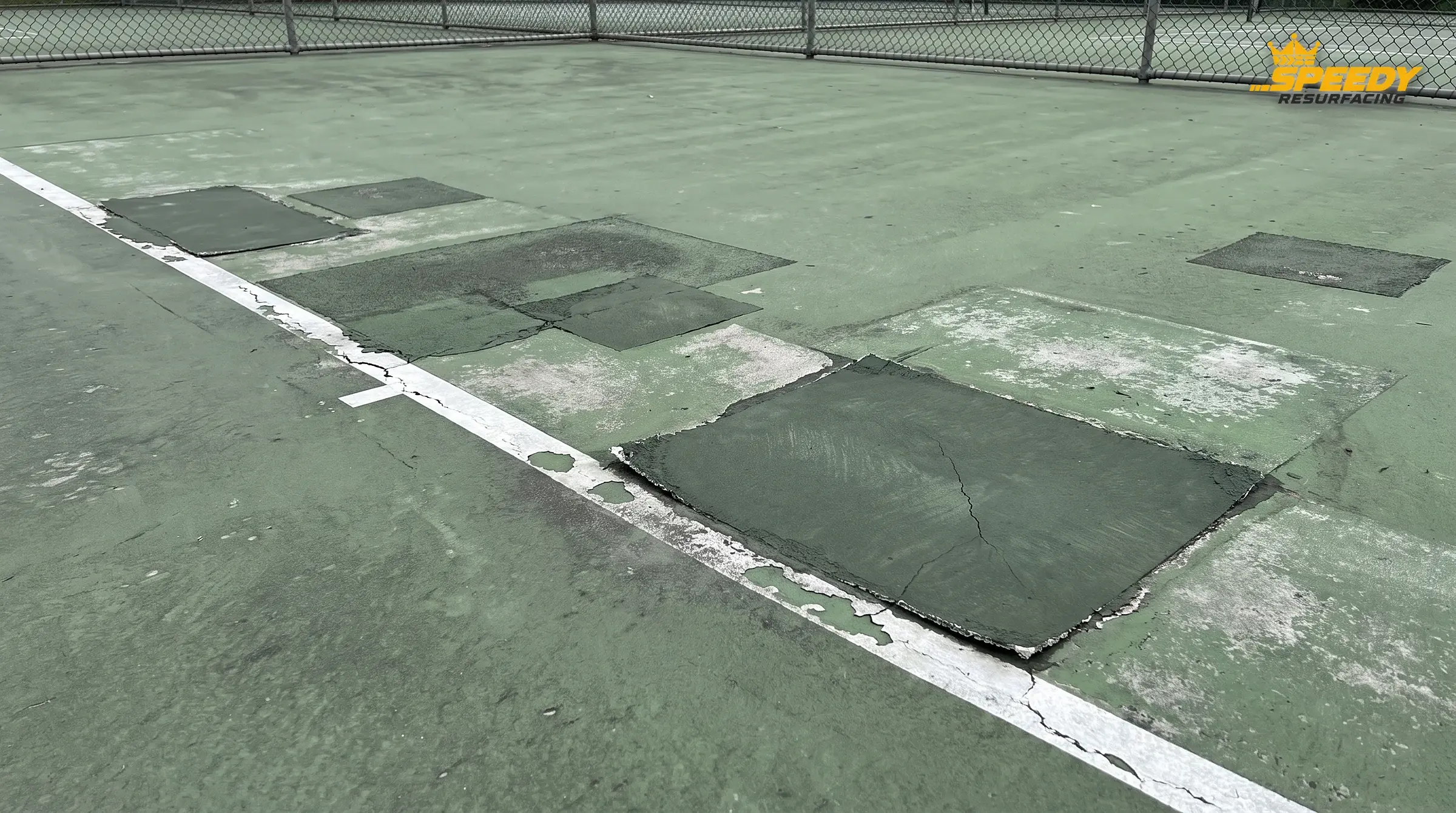 When to stop patching: mismatched repairs of different ages, cold-joint edges lifting and a crack already back through the newest patch. Past roughly 20% of the court area, patching yields diminishing returns.