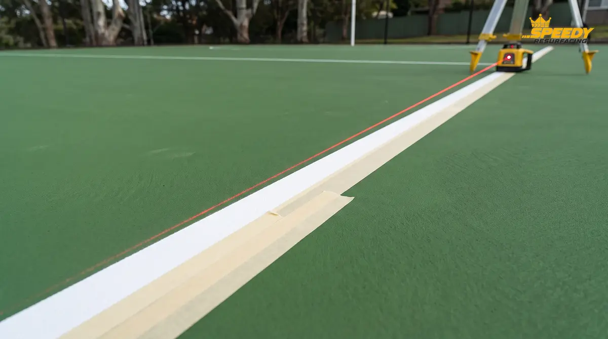 Stage 6: laser-guided 50 mm regulation line marking on a goal circle of a resurfaced netball court