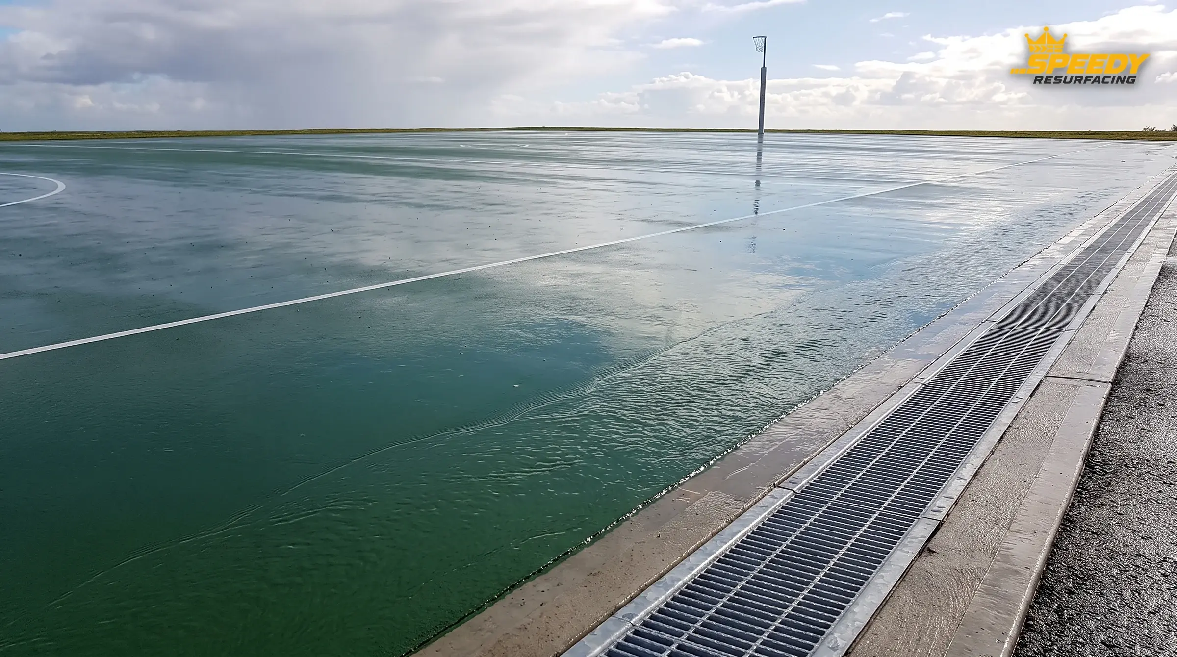 A 1:100–1:120 cross-fall at work after rain: water sheets off into the perimeter channel instead of sitting on the goal third.