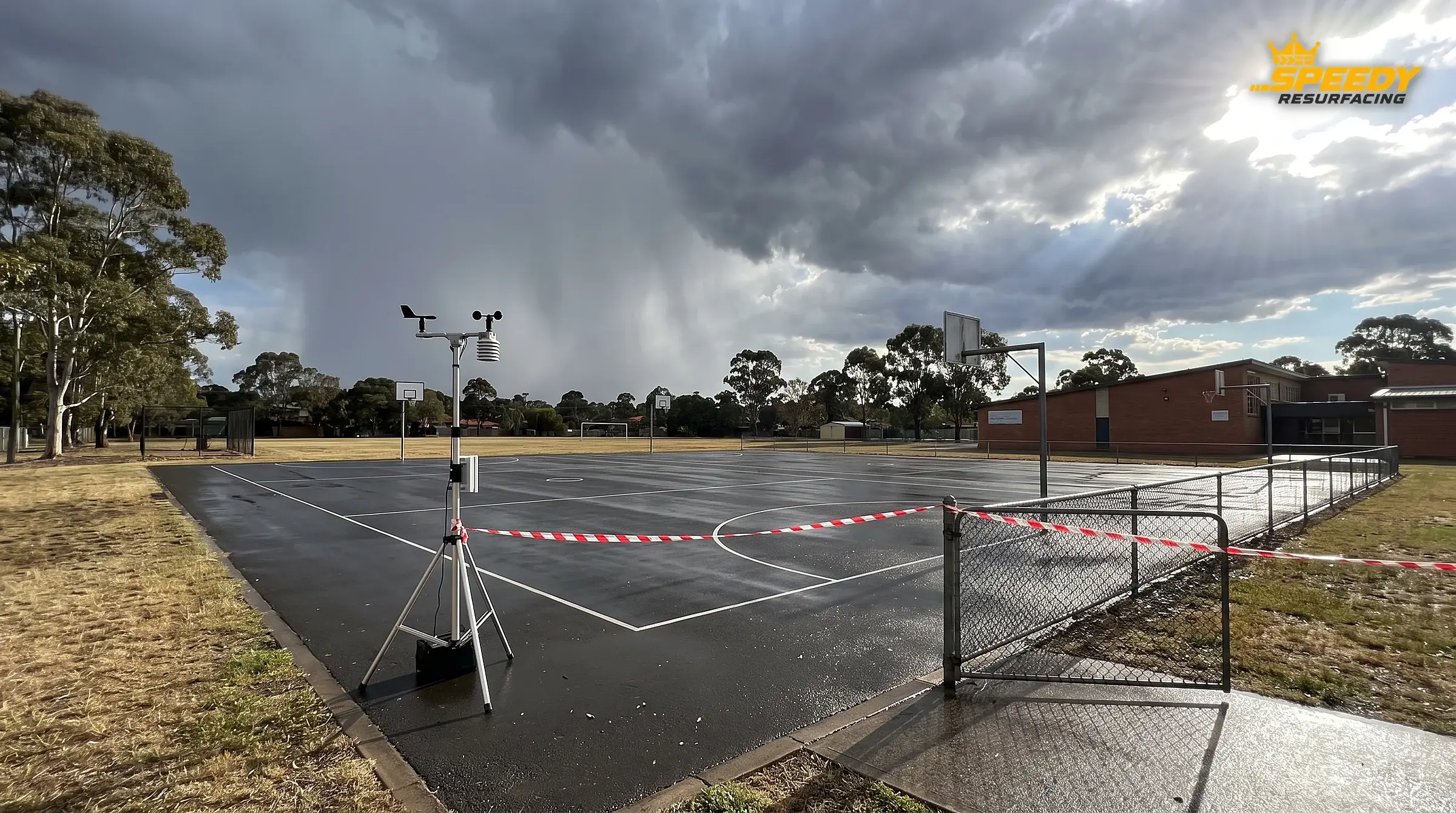 The weather factor: a freshly coated court, a portable weather station on the apron and rain on the horizon. Starting grinding on Day 1 of the break buys the buffer against delays like this.