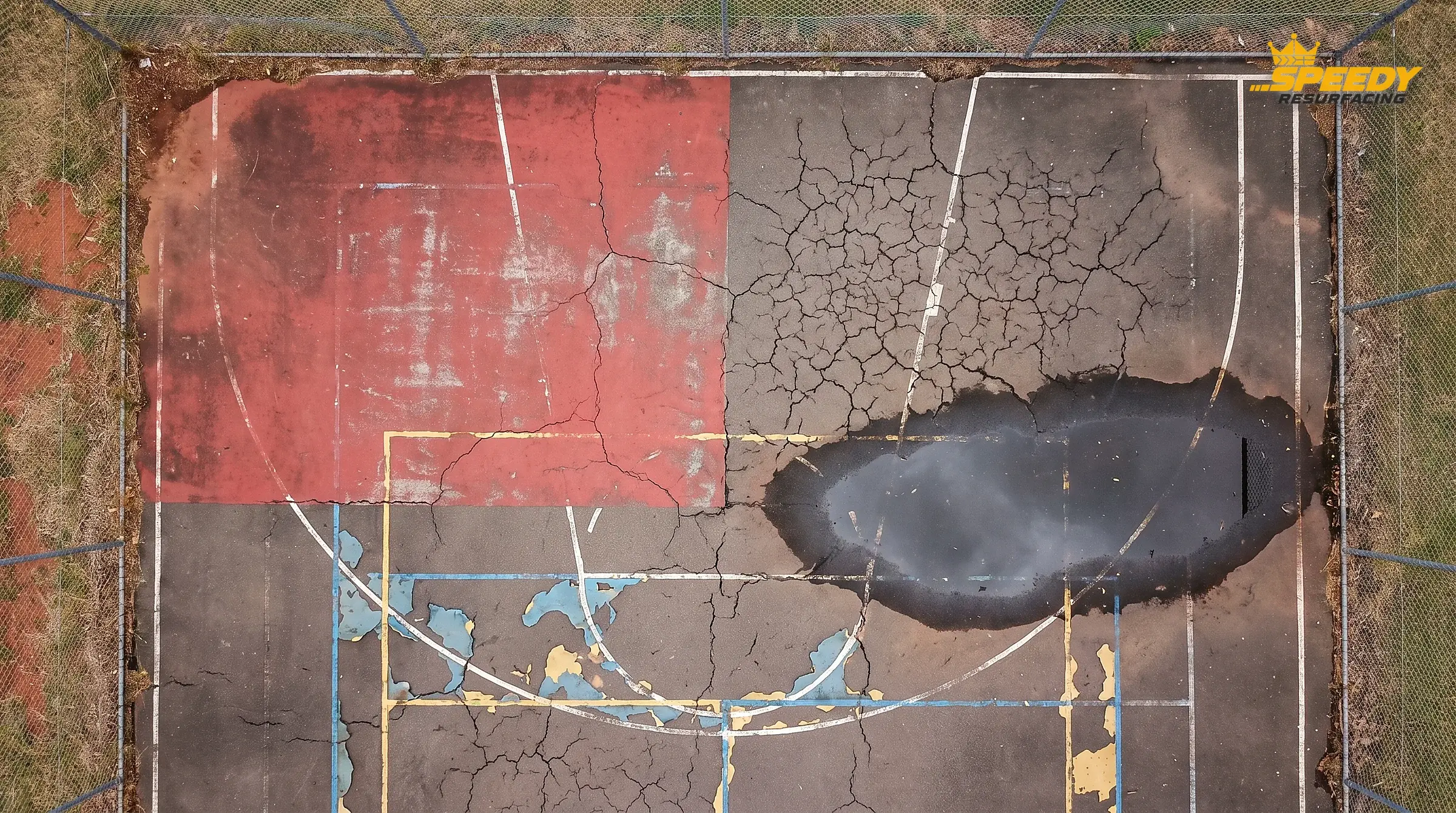 Five signs a Blacktown school court is due — chalky oxidised colour, hairline cracks, a slick worn patch, a ponding low spot and three generations of flaking game lines nobody can read.