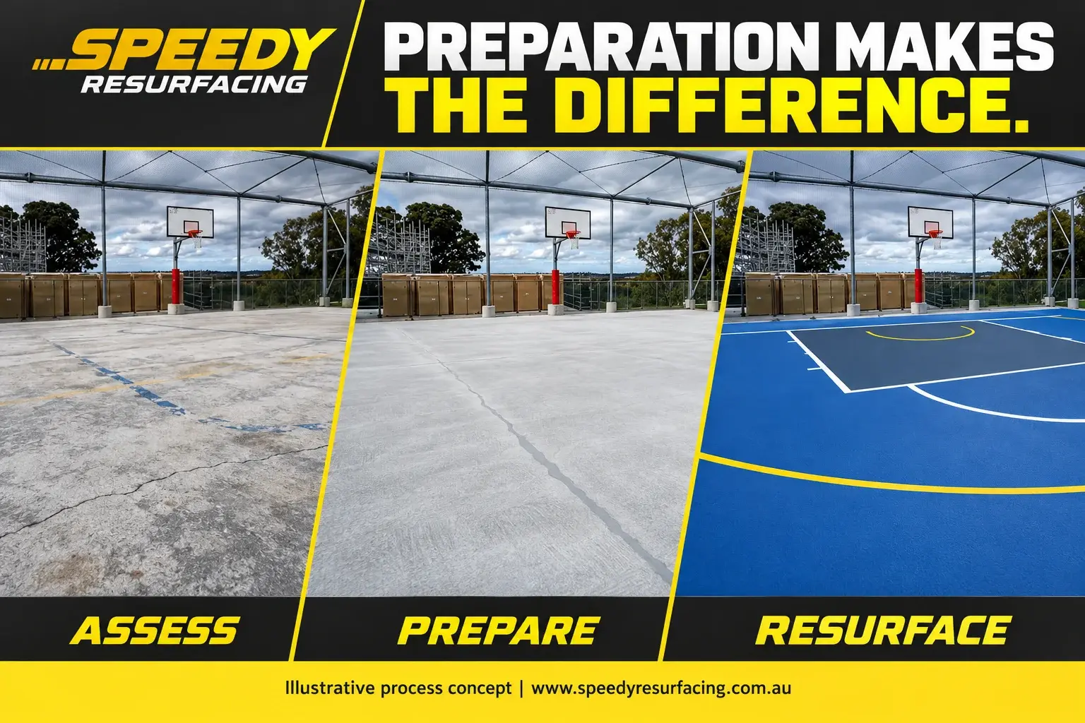 Assess → Prepare → Resurface. Illustrative process concept — the same fenced court taken from failing slab to finished two-tone acrylic.
