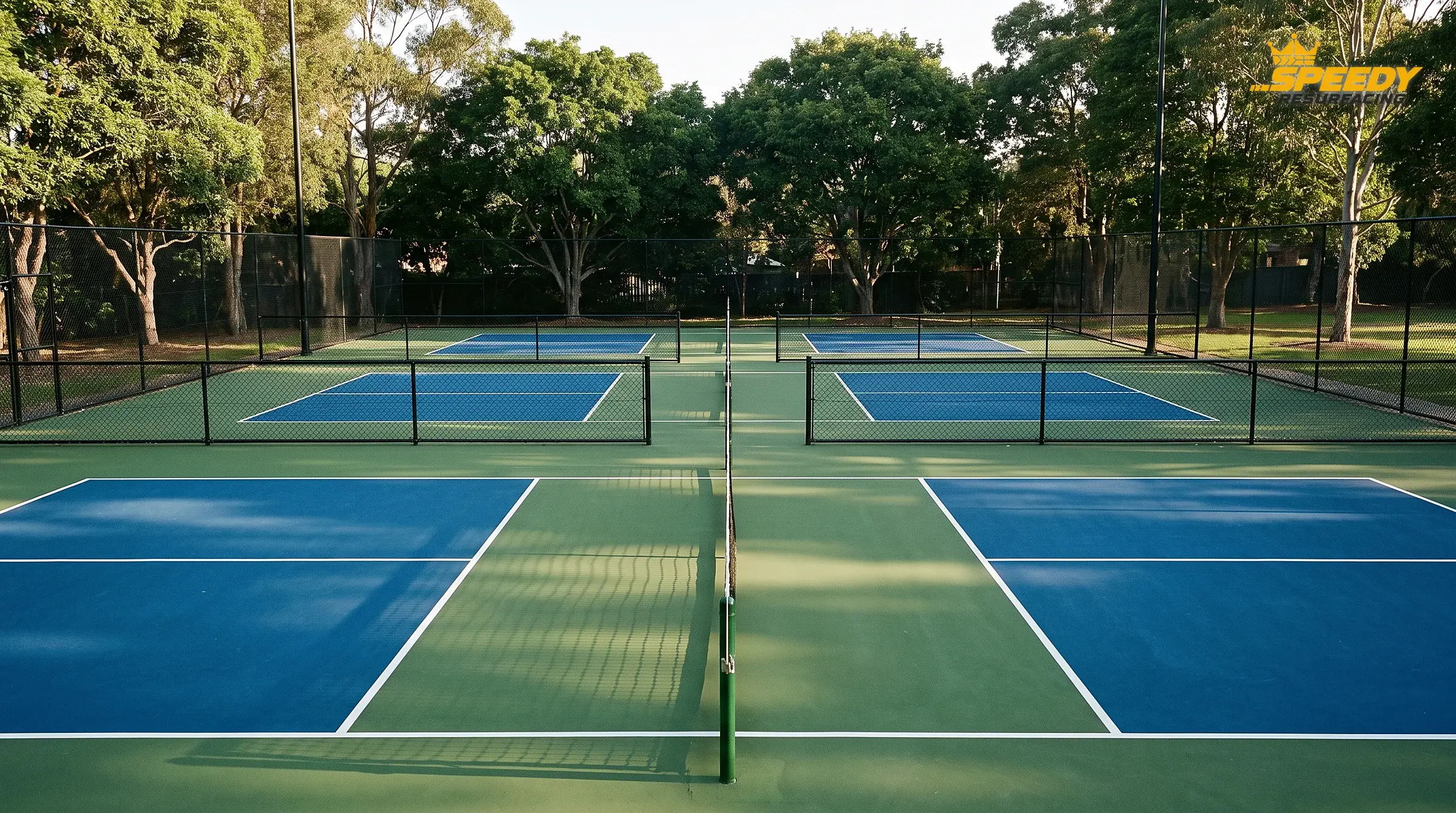 Dedicated courts: single-purpose layouts, permanent in-ground nets, ideal line visibility — and a 30 × 60 ft footprint for every court.