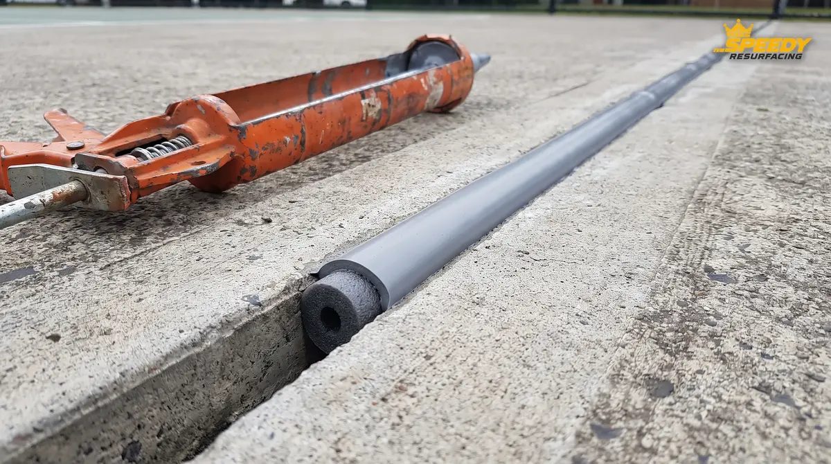 Concrete expansion joint on a sports court sealed with elastomeric sealant over foam backer rod, caulking gun beside it