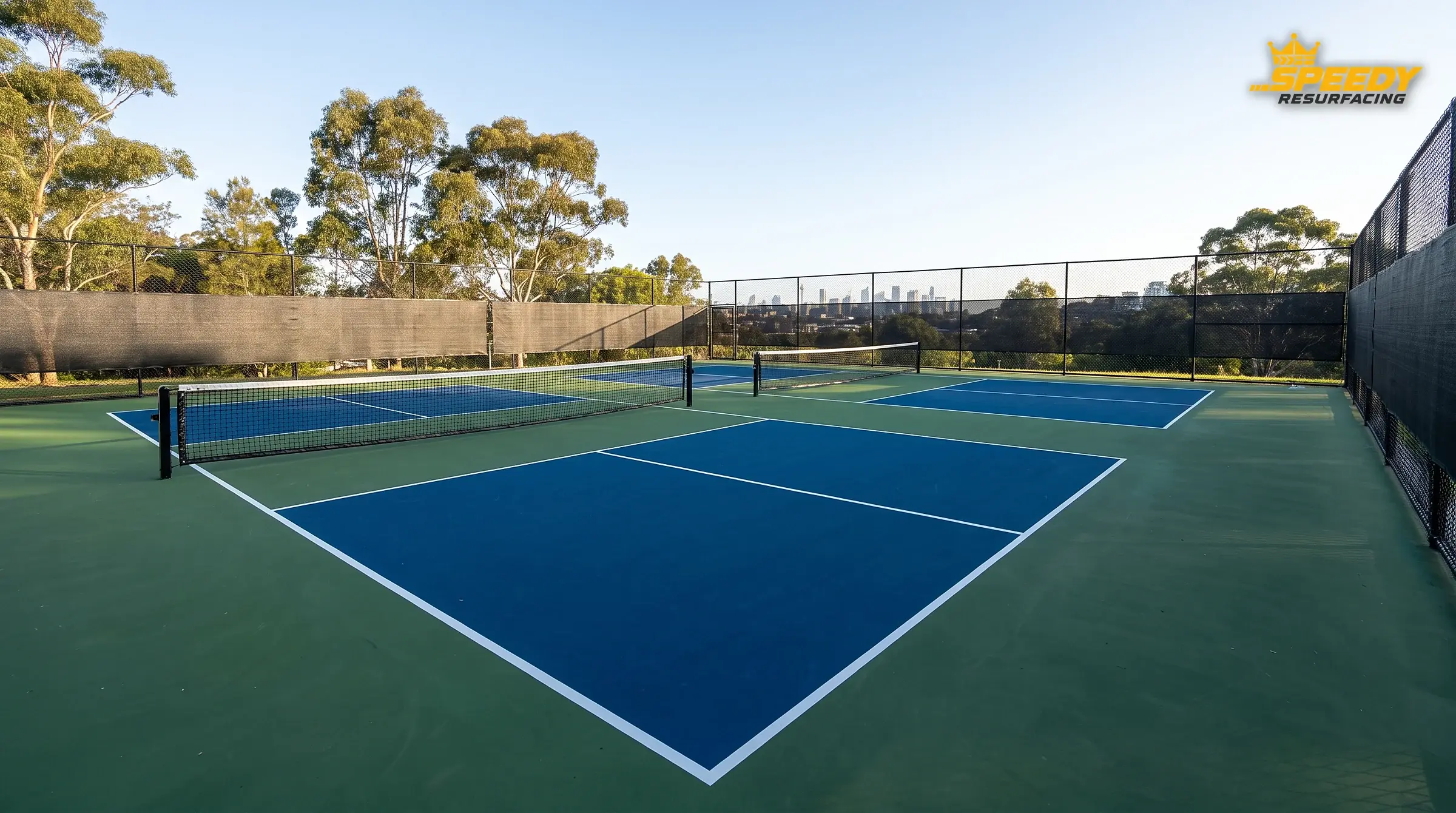 Dedicated courts: permanent in-ground posts, one clean line set, windscreen fencing — maximum clarity for clubs and sporting hubs.